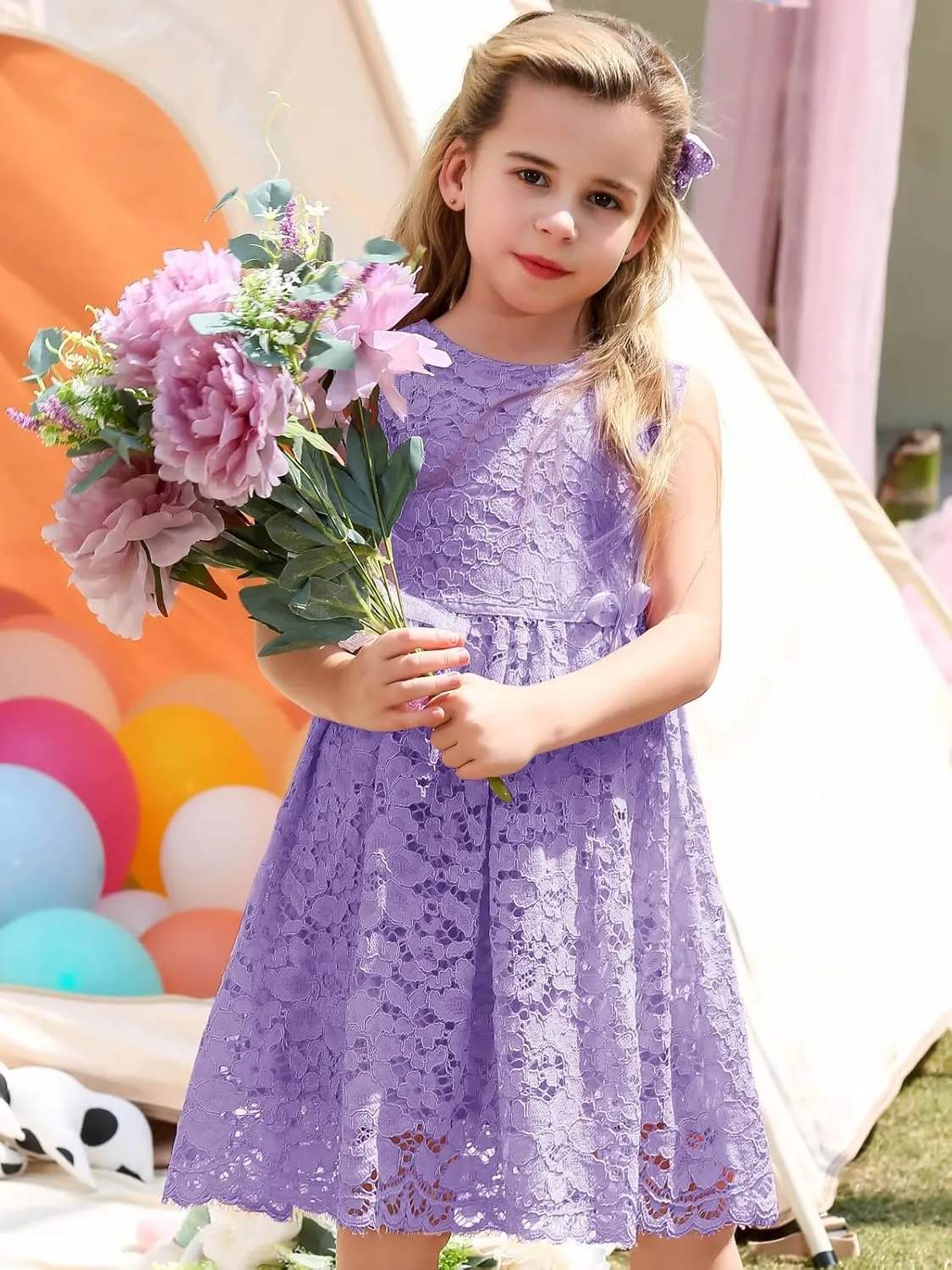 ALLOVIN Girls and Toddler Sleeveless A-Line Lace Party Dress Flower Girl Princess Dress with Beaded Bowknot 2-12 Years