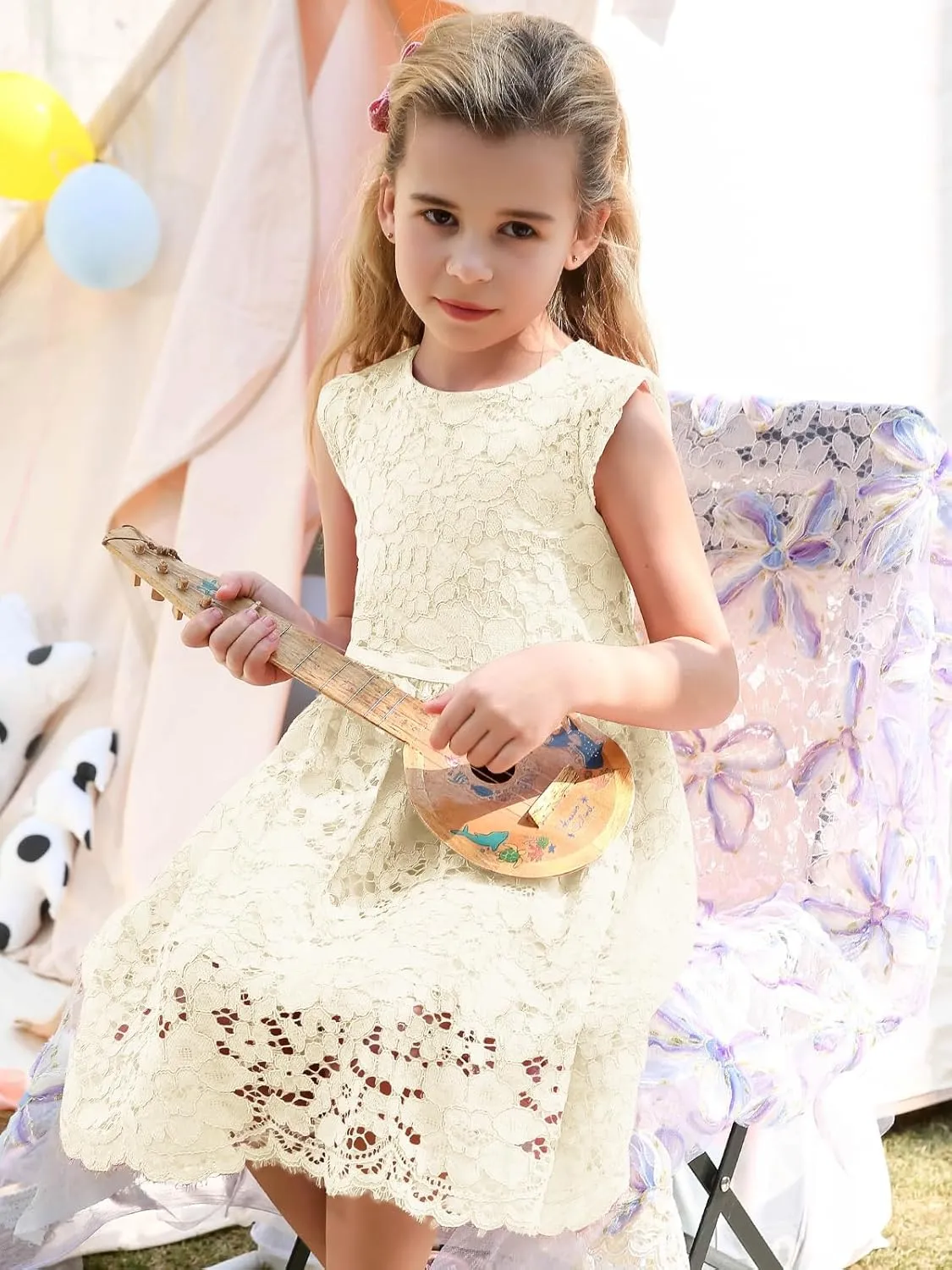ALLOVIN Girls and Toddler Sleeveless A-Line Lace Party Dress Flower Girl Princess Dress with Beaded Bowknot 2-12 Years