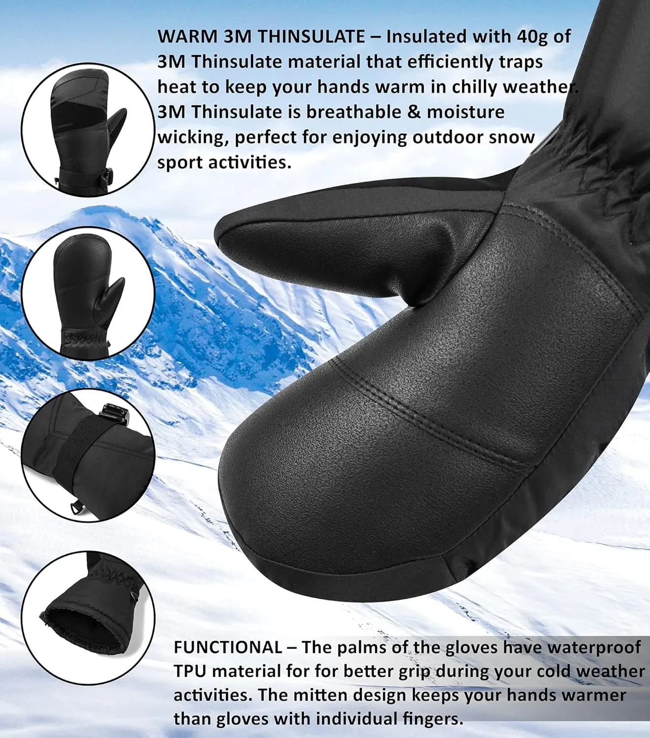 Alpine Swiss Mens Waterproof Gauntlet Ski Mittens Winter Sport Gloves Snowboarding Windproof Warm 3M Thinsulate
