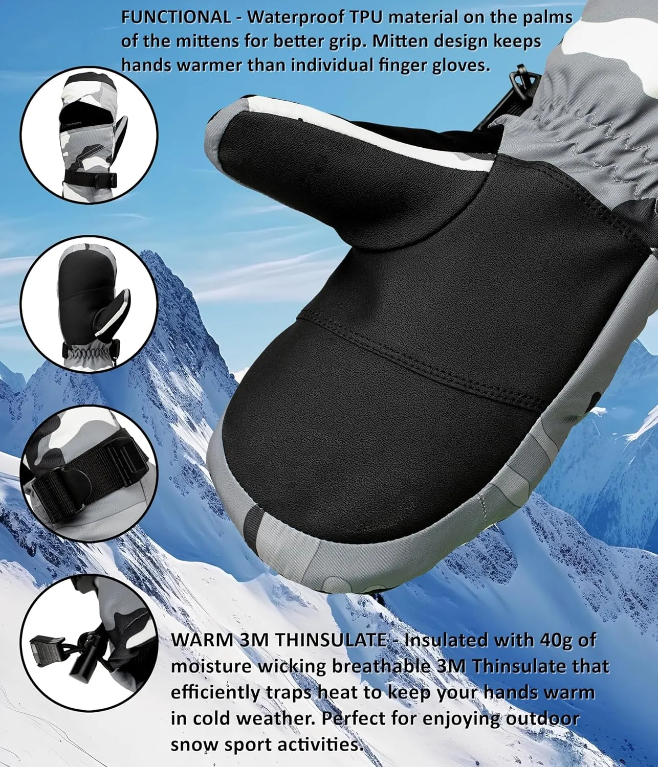Alpine Swiss Mens Waterproof Gauntlet Ski Mittens Winter Sport Gloves Snowboarding Windproof Warm 3M Thinsulate