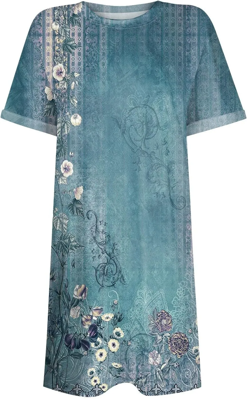BAXLIMEK Mini Dresses for Women,2025 Spring Summer Casual Loose Crewneck Short Sleeve T Shirt Dress Plain/Print Beach Dress