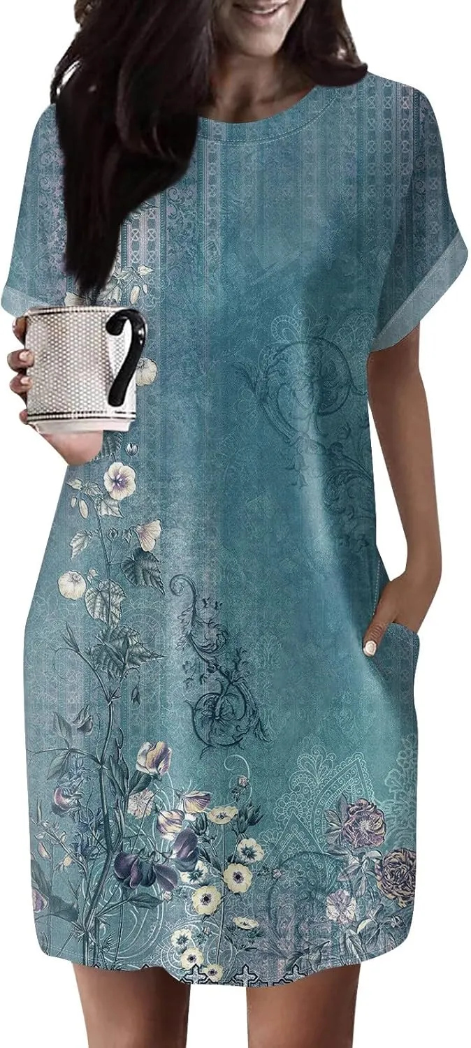 BAXLIMEK Mini Dresses for Women,2025 Spring Summer Casual Loose Crewneck Short Sleeve T Shirt Dress Plain/Print Beach Dress