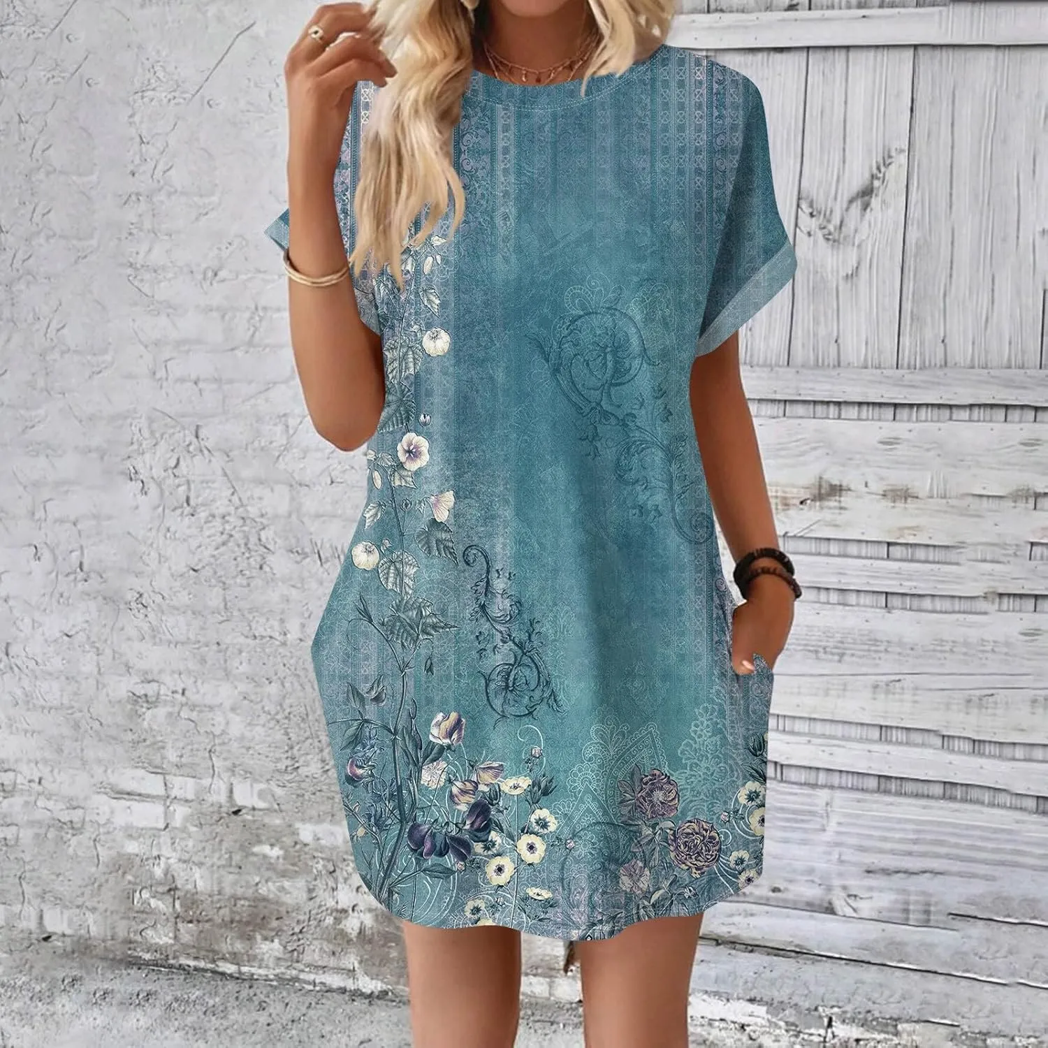 BAXLIMEK Mini Dresses for Women,2025 Spring Summer Casual Loose Crewneck Short Sleeve T Shirt Dress Plain/Print Beach Dress