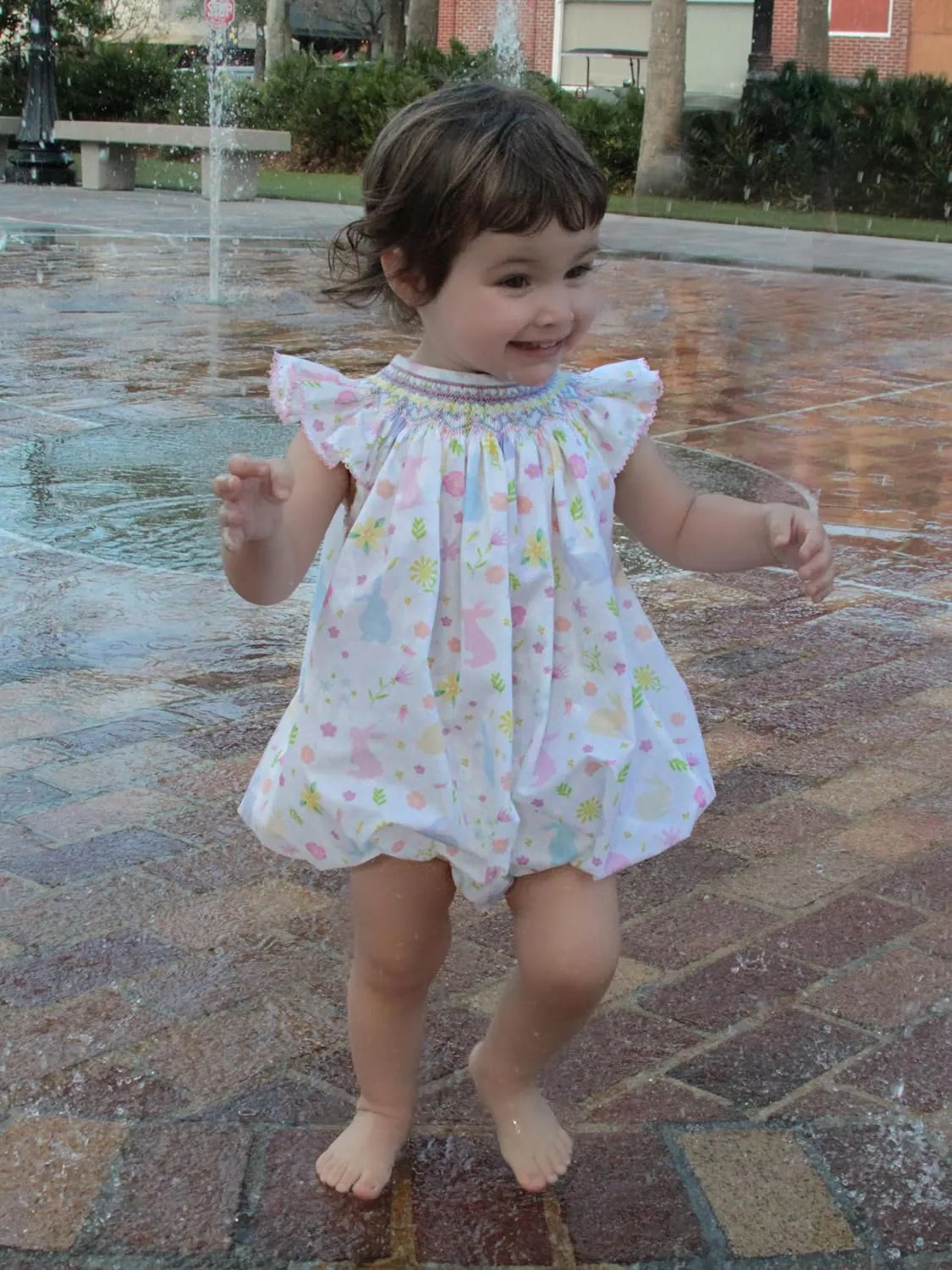 Carouselwear Springtime Smocked Bubble Dress for Babies and Toddlers - Pastel Bunnies and Angel Wing Sleeves