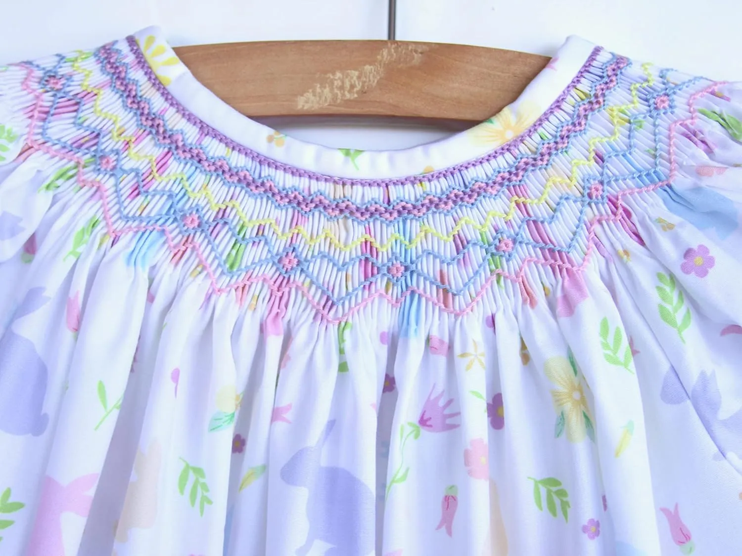Carouselwear Springtime Smocked Bubble Dress for Babies and Toddlers - Pastel Bunnies and Angel Wing Sleeves