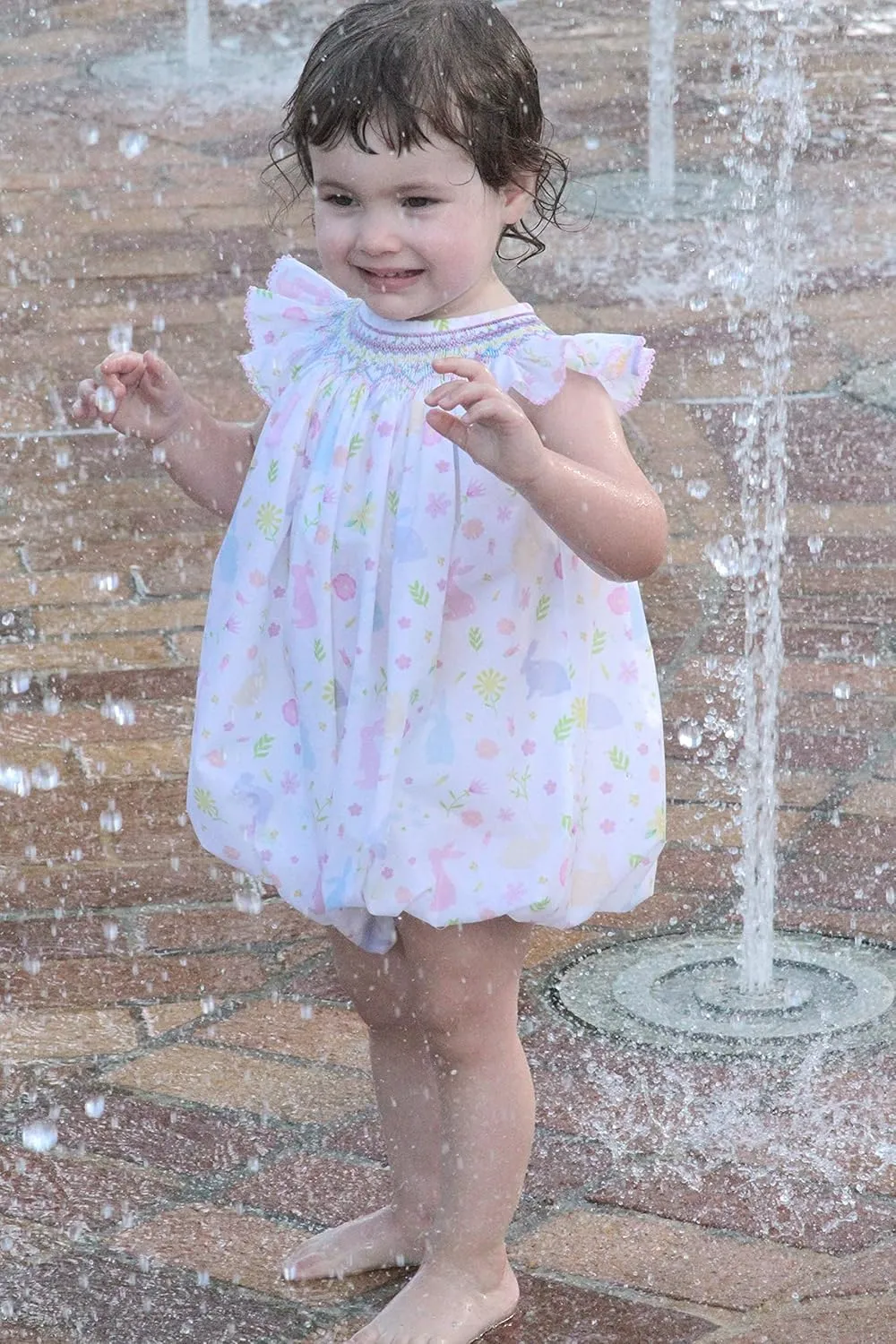 Carouselwear Springtime Smocked Bubble Dress for Babies and Toddlers - Pastel Bunnies and Angel Wing Sleeves