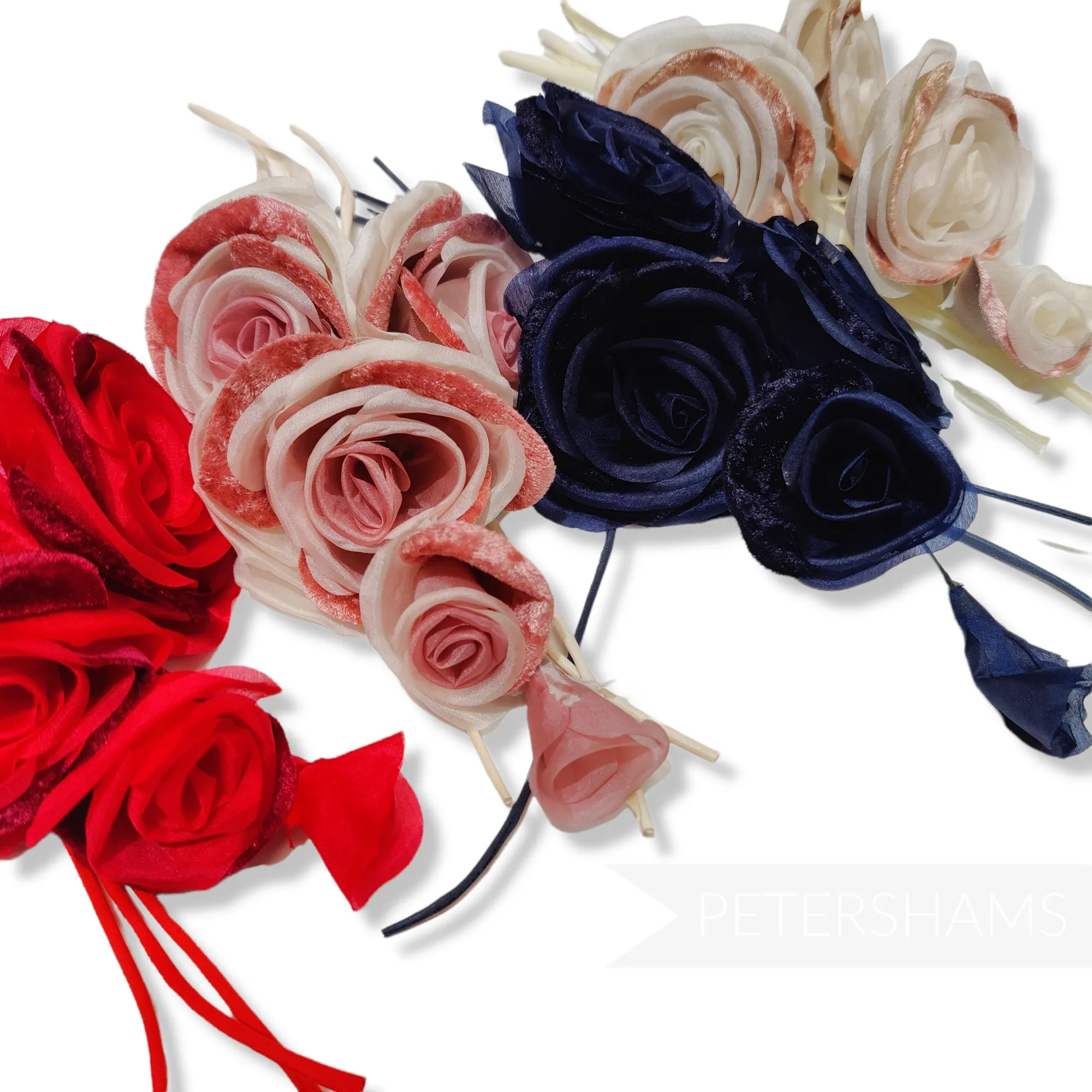 'Cathleen' Silk and Velvet Triple Blossom Millinery Flower Hat Mount