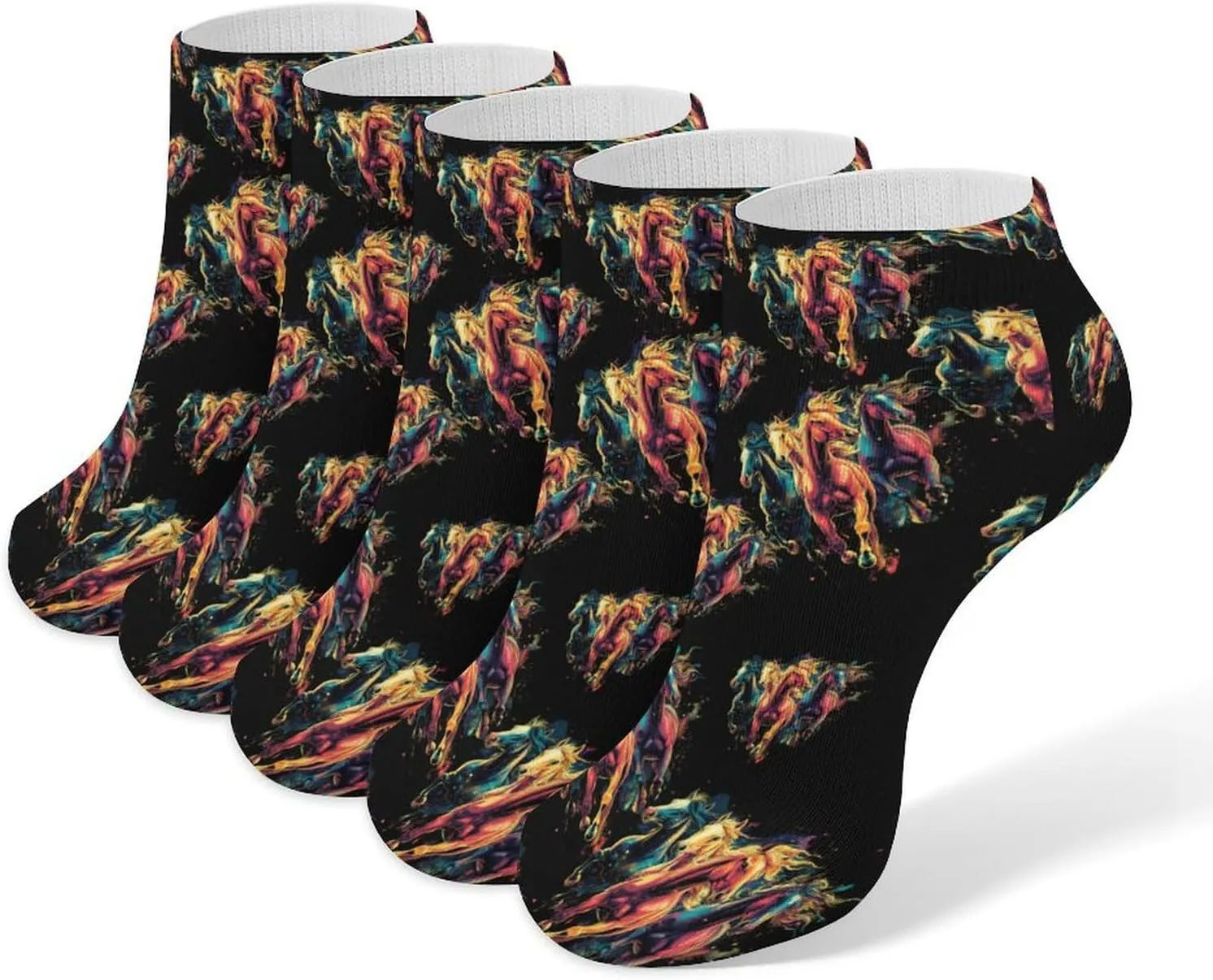Colorful Galloping Horses Low Cut No Show Ankle Sock 5 Pairs Set Breathable Casual Sock for Men Women