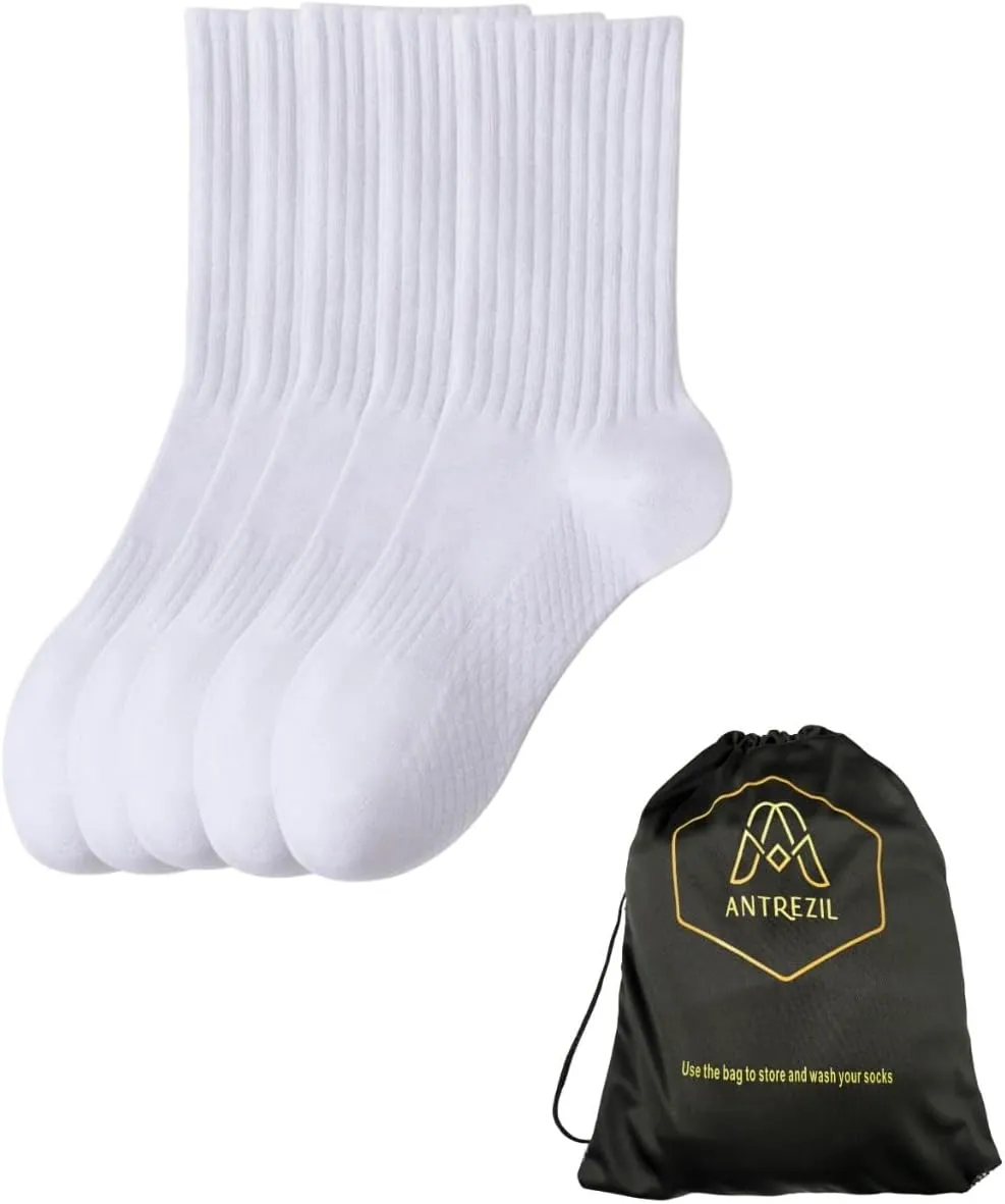Crew Compression Socks - Pack of 5 with Bag | Cushioned Arch Support, Breathable & Sweat-Absorbent | Athletic Running & Hiking Socks, Gym,Gifts
