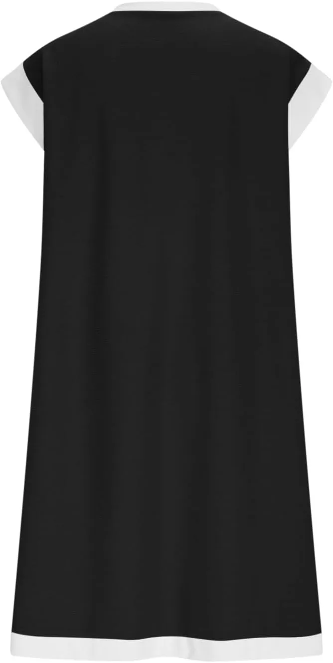 Cute Color Block Ribbed T Shirt Dress Women Summer Cap Sleeve Crewneck Knee Length Dresses Loose Fit Tunic Dress