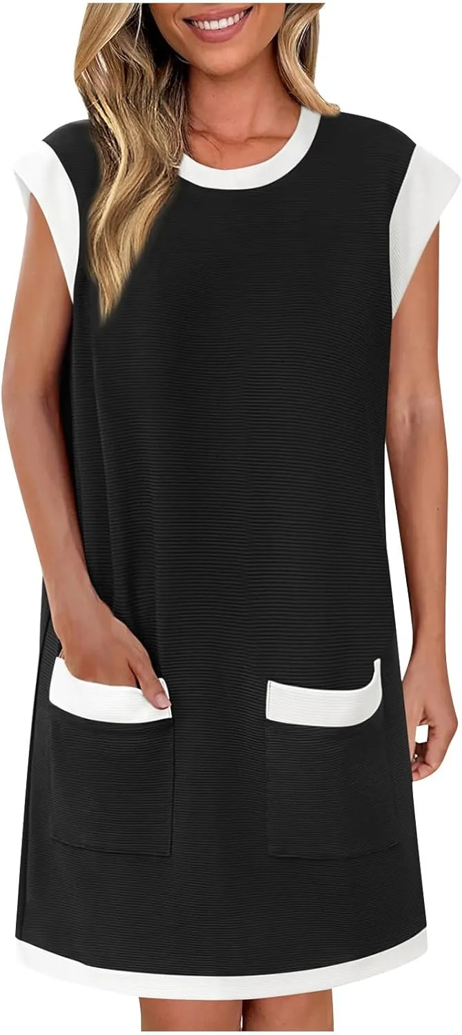 Cute Color Block Ribbed T Shirt Dress Women Summer Cap Sleeve Crewneck Knee Length Dresses Loose Fit Tunic Dress