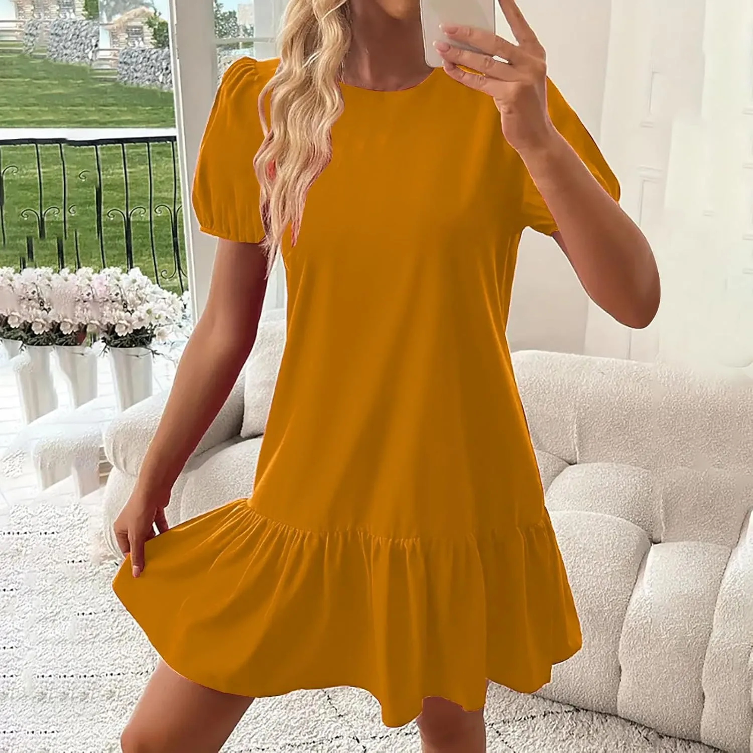 Cute Puff Short Sleeve Mini Dress Women Ruffle Hem Crewneck A-Line Dresses Summer Keyhole Back Casual T Shirt Dress