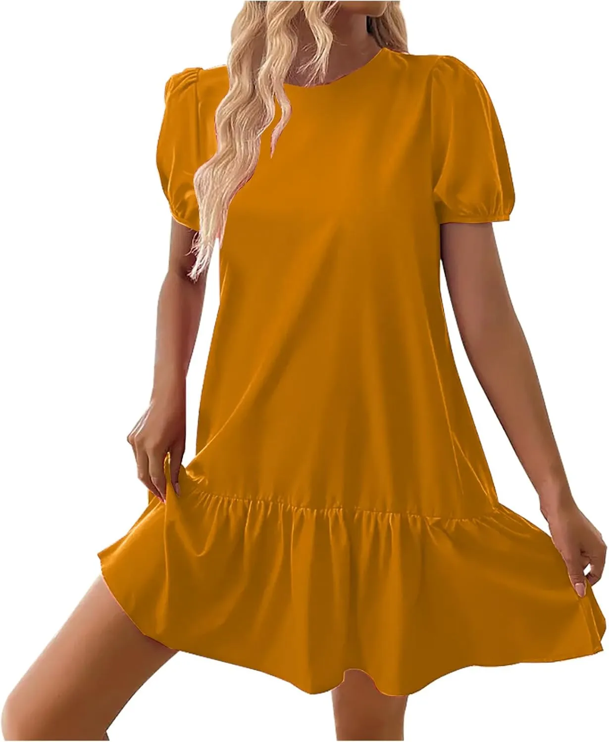 Cute Puff Short Sleeve Mini Dress Women Ruffle Hem Crewneck A-Line Dresses Summer Keyhole Back Casual T Shirt Dress