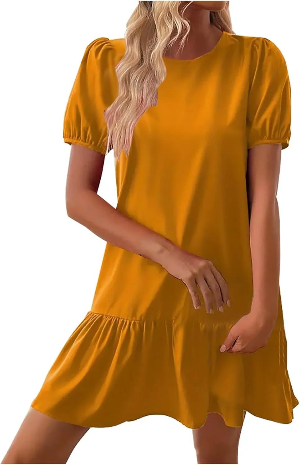 Cute Puff Short Sleeve Mini Dress Women Ruffle Hem Crewneck A-Line Dresses Summer Keyhole Back Casual T Shirt Dress