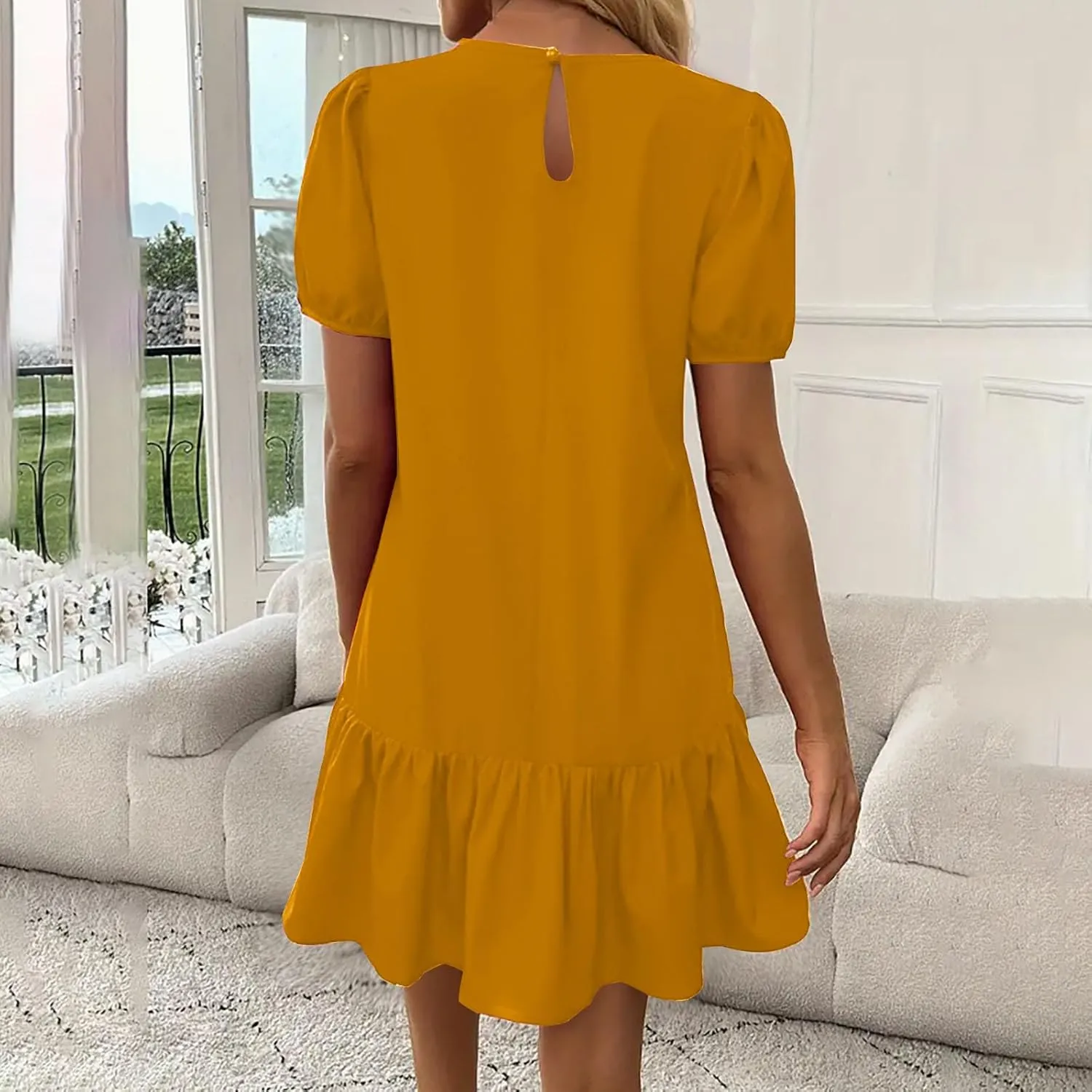 Cute Puff Short Sleeve Mini Dress Women Ruffle Hem Crewneck A-Line Dresses Summer Keyhole Back Casual T Shirt Dress