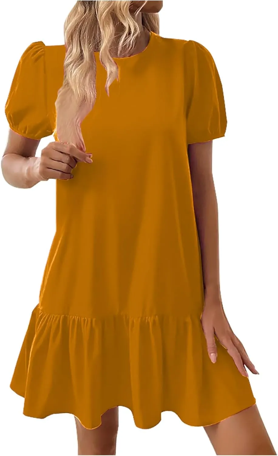 Cute Puff Short Sleeve Mini Dress Women Ruffle Hem Crewneck A-Line Dresses Summer Keyhole Back Casual T Shirt Dress