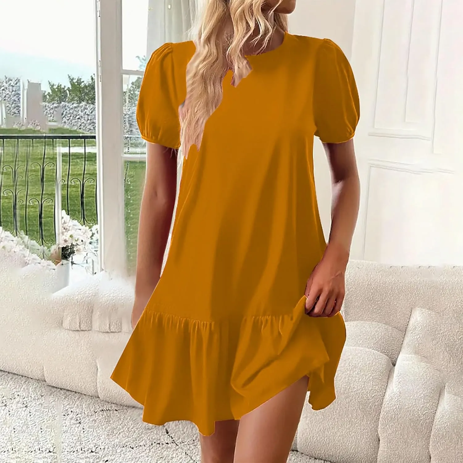 Cute Puff Short Sleeve Mini Dress Women Ruffle Hem Crewneck A-Line Dresses Summer Keyhole Back Casual T Shirt Dress