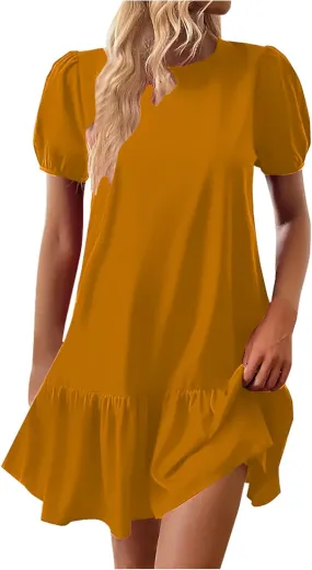 Cute Puff Short Sleeve Mini Dress Women Ruffle Hem Crewneck A-Line Dresses Summer Keyhole Back Casual T Shirt Dress