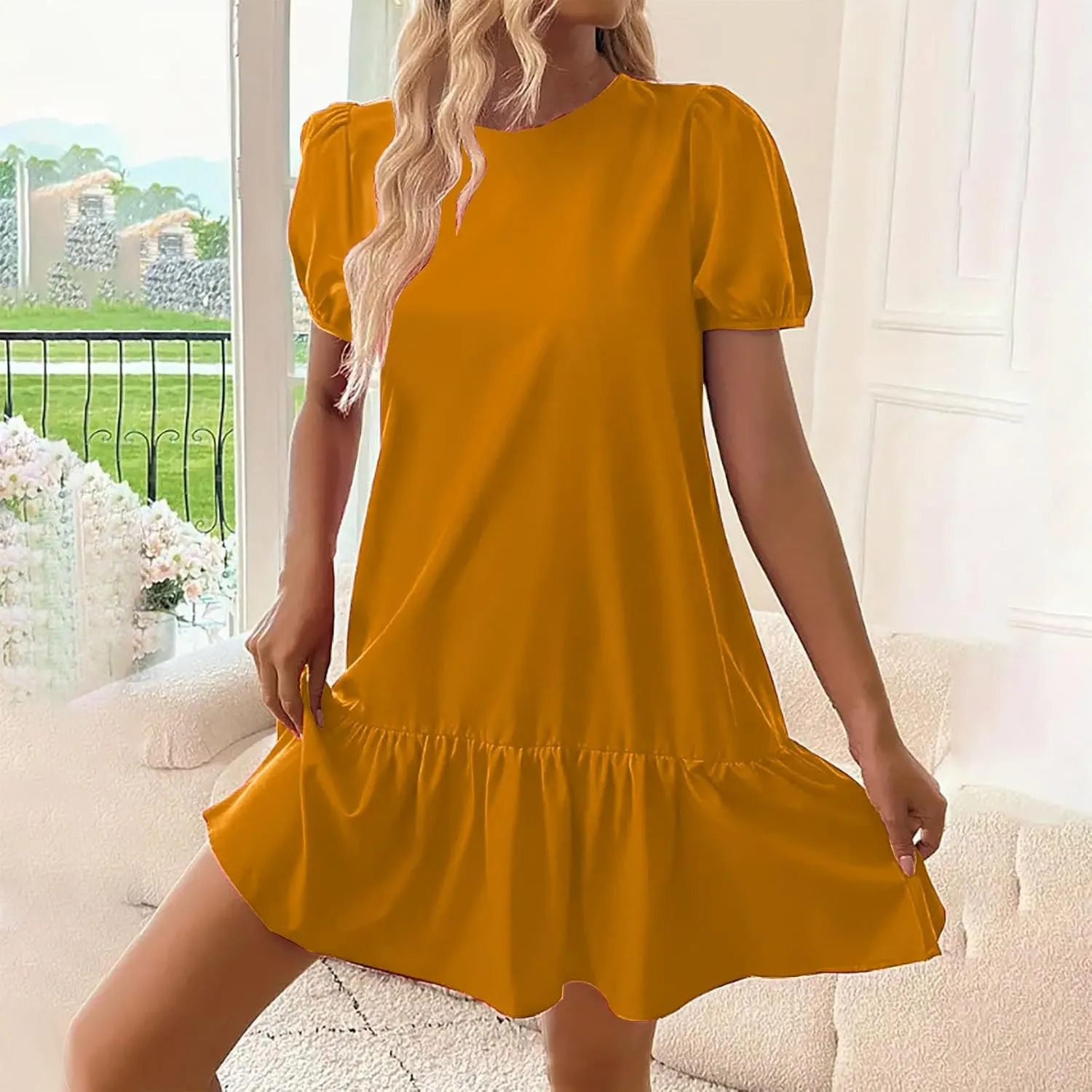 Cute Puff Short Sleeve Mini Dress Women Ruffle Hem Crewneck A-Line Dresses Summer Keyhole Back Casual T Shirt Dress