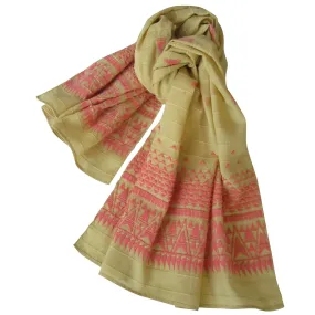 Embroidered Self Check Long Scarf: BUTTERSCOTCH