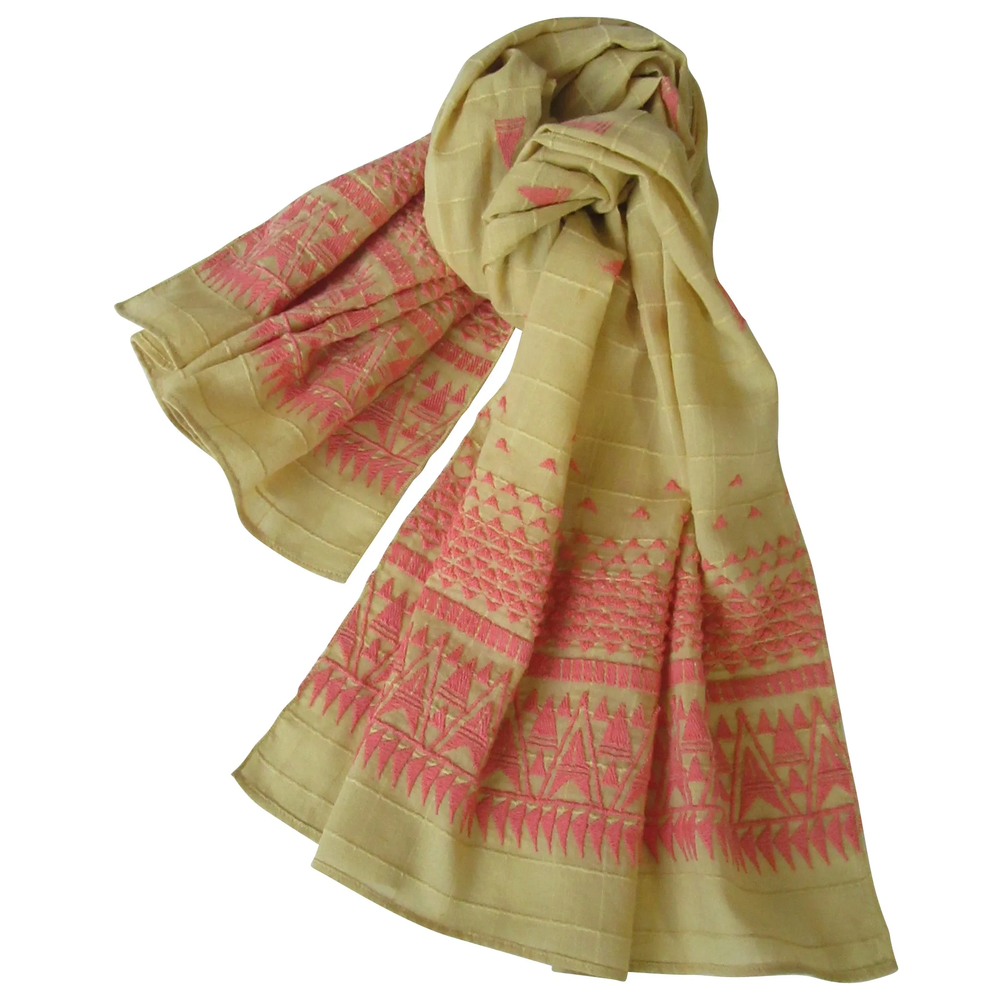 Embroidered Self Check Long Scarf: BUTTERSCOTCH