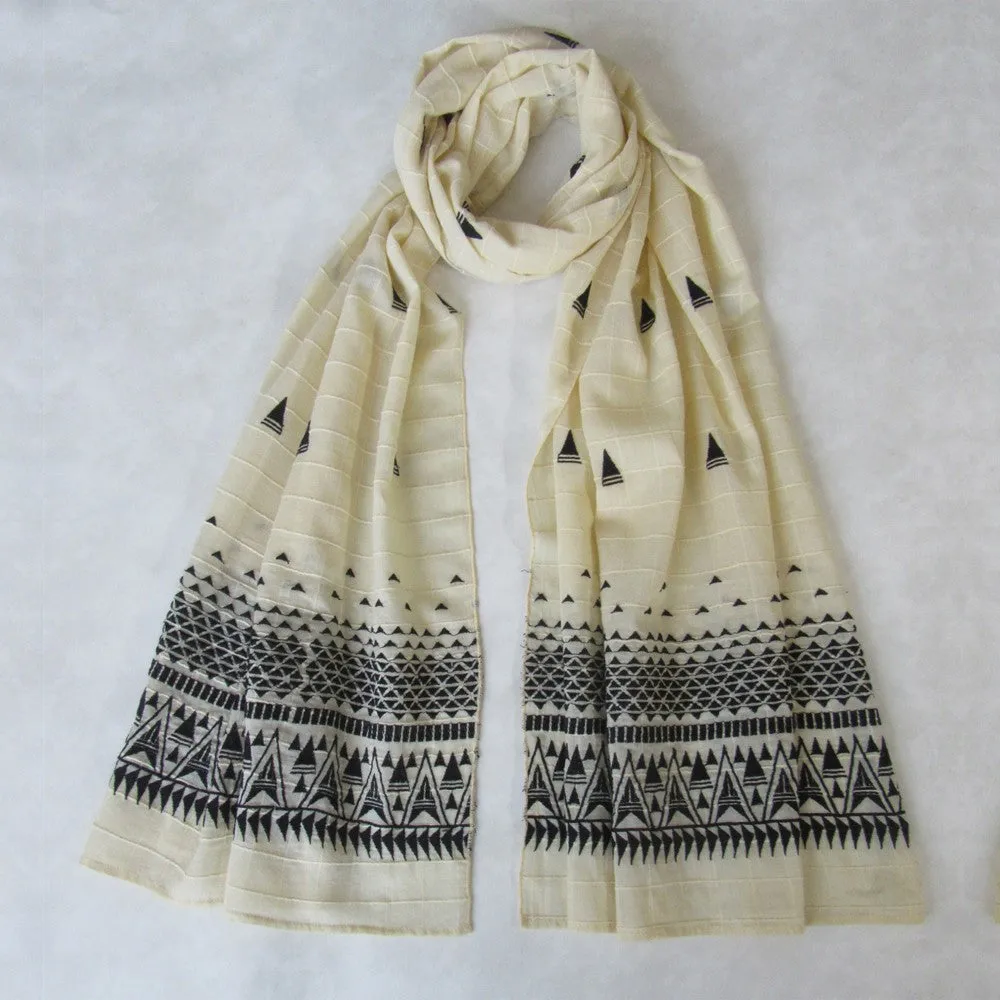 Embroidered Self Check Long Scarf: ECRU