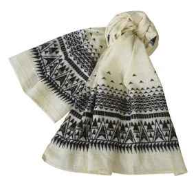 Embroidered Self Check Long Scarf: ECRU
