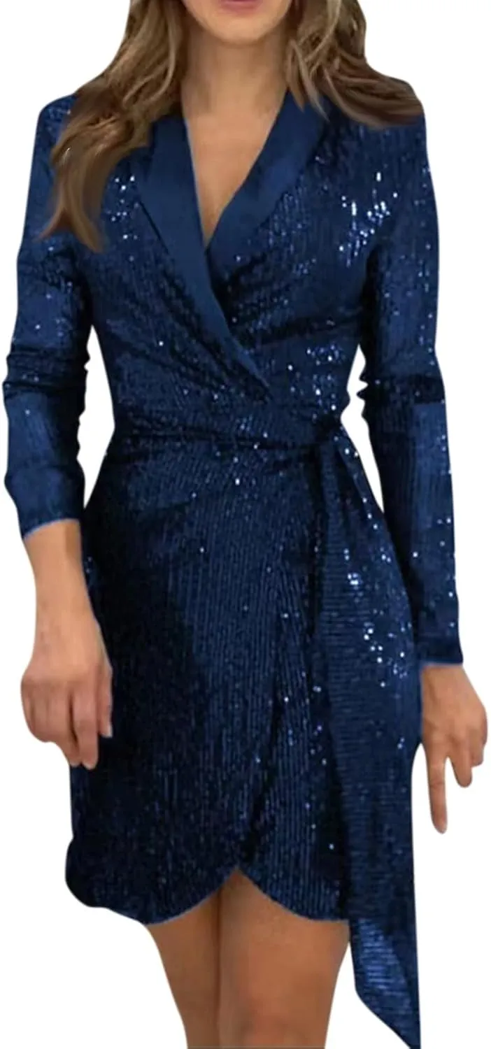 Formal Dresses for Women,2024 Summer Trendy Sparkly Sequin Party Dress,Elegant V Neck Long Sleeve Ruched Blazer Dress