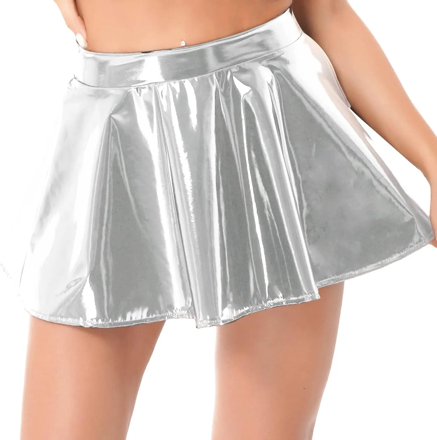 Hularka Women's Shiny Patent Leather Pleated Mini Skirt Wet Look High Waist Pleated Flared Skirts