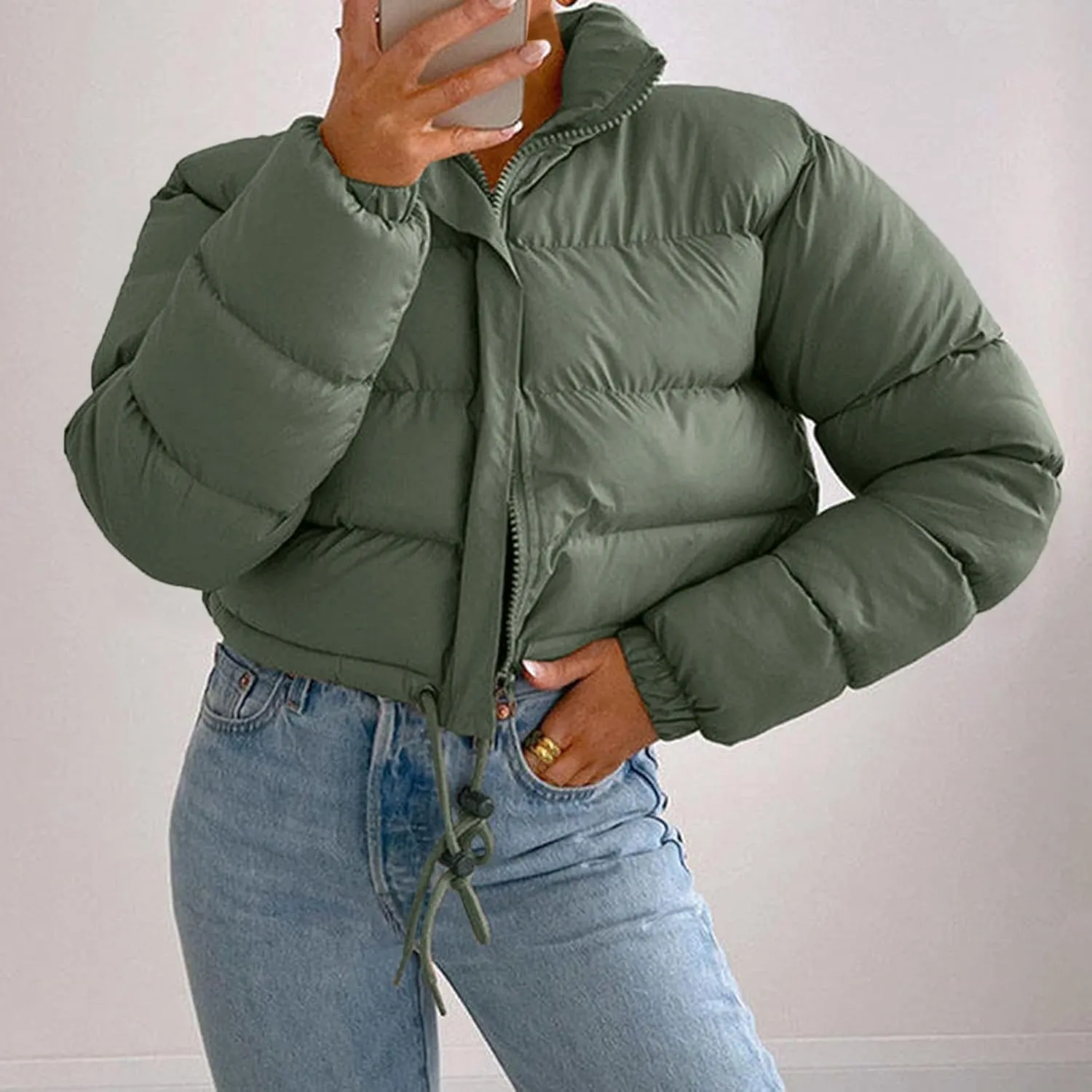 iQKA Women Men Camo Down Jacket Unisex Long Sleeve Glossy Camouflage Zipper Coat with Pockets Oversized Puffer Jackets S-5XL