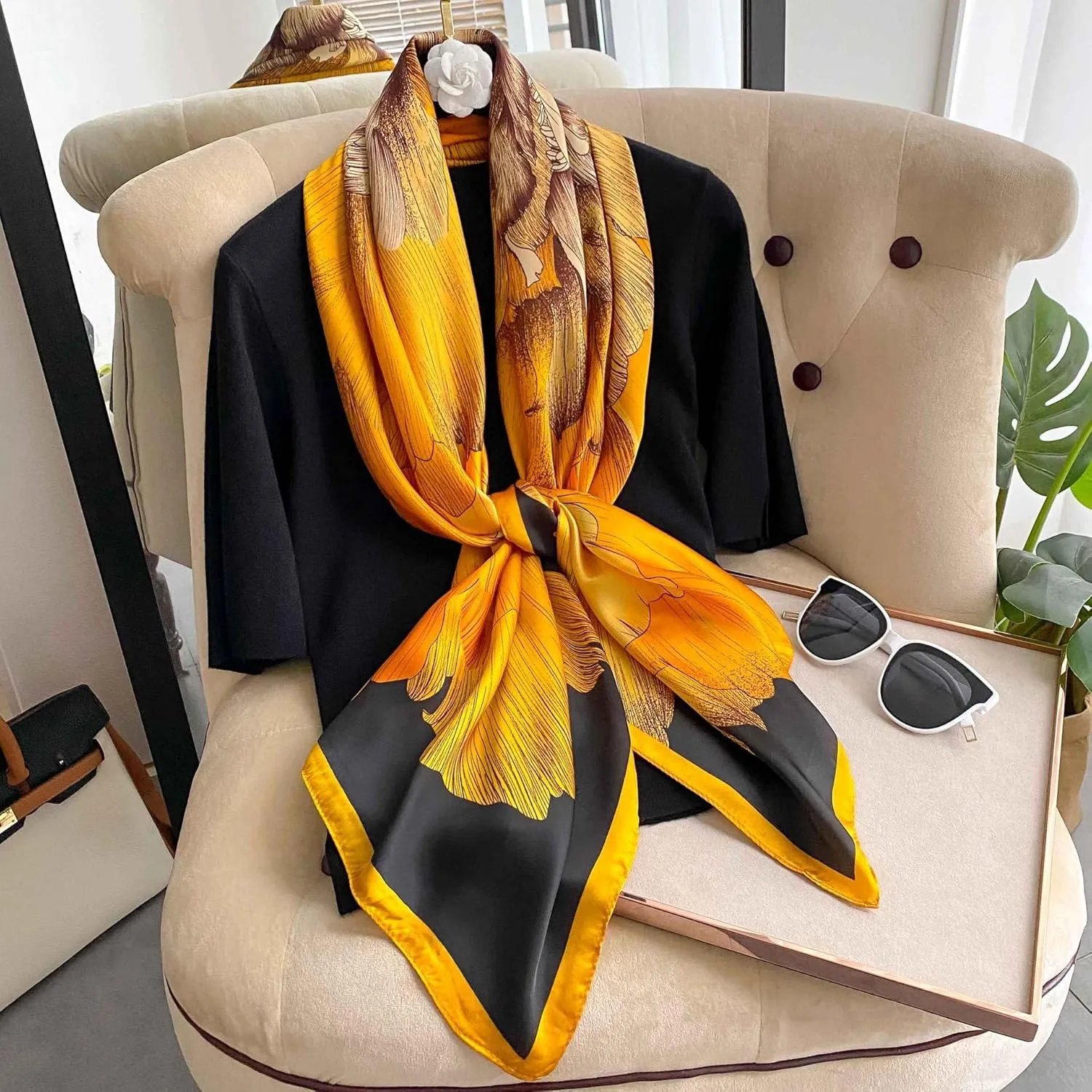 K-Elewon Large Square Scarf 43" Silk Scarf Fashion Scarves Silk Feeling Hair Wrapping Scarfs Night Sleeping Headscarf