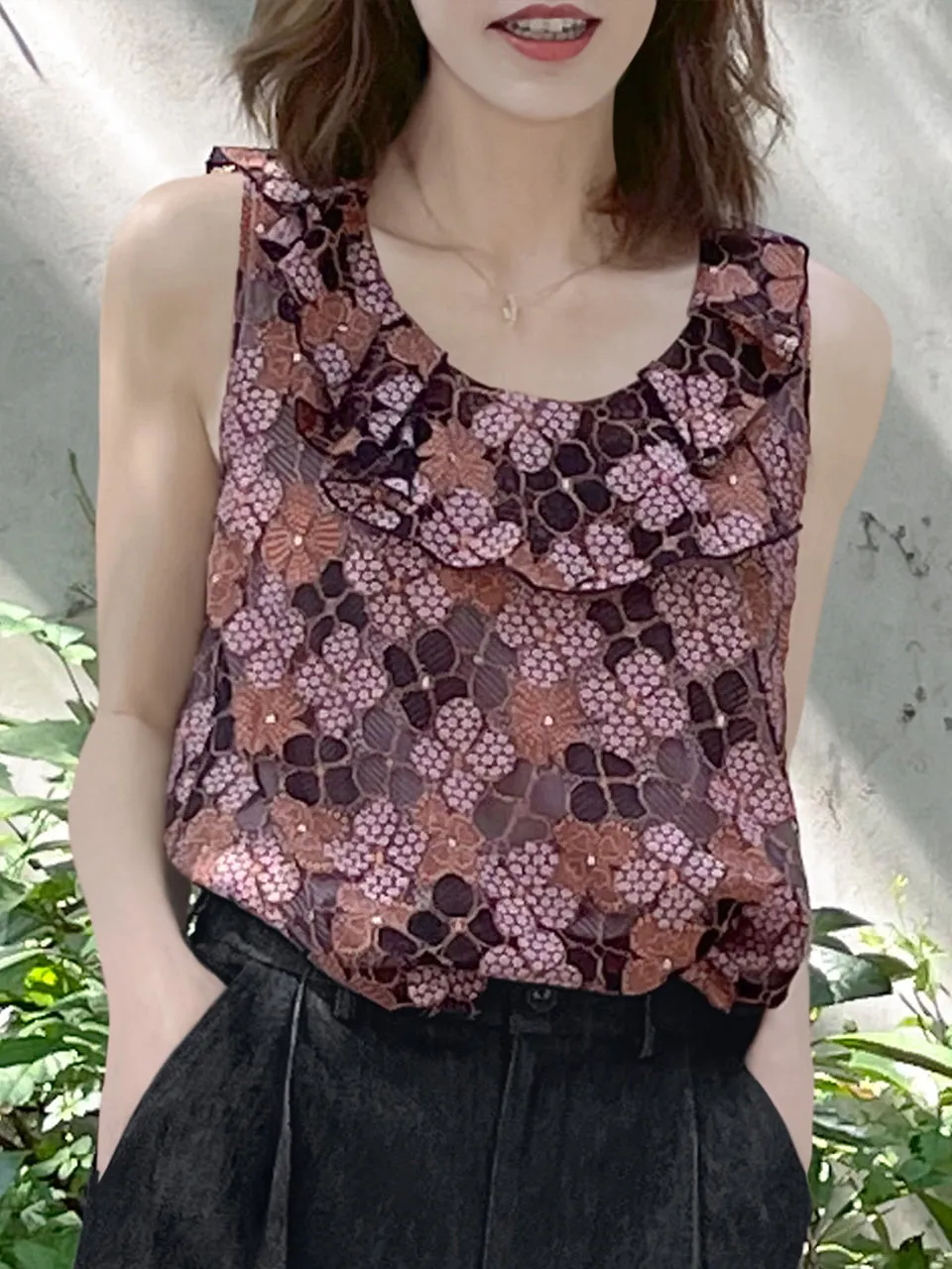 Last Chance! Pinky-Orange Floral Lace Ruffle Neck Lined Tank