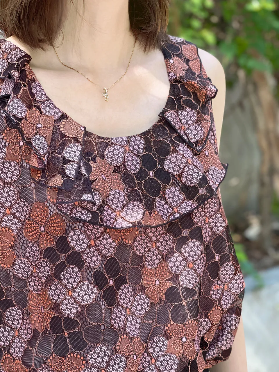 Last Chance! Pinky-Orange Floral Lace Ruffle Neck Lined Tank