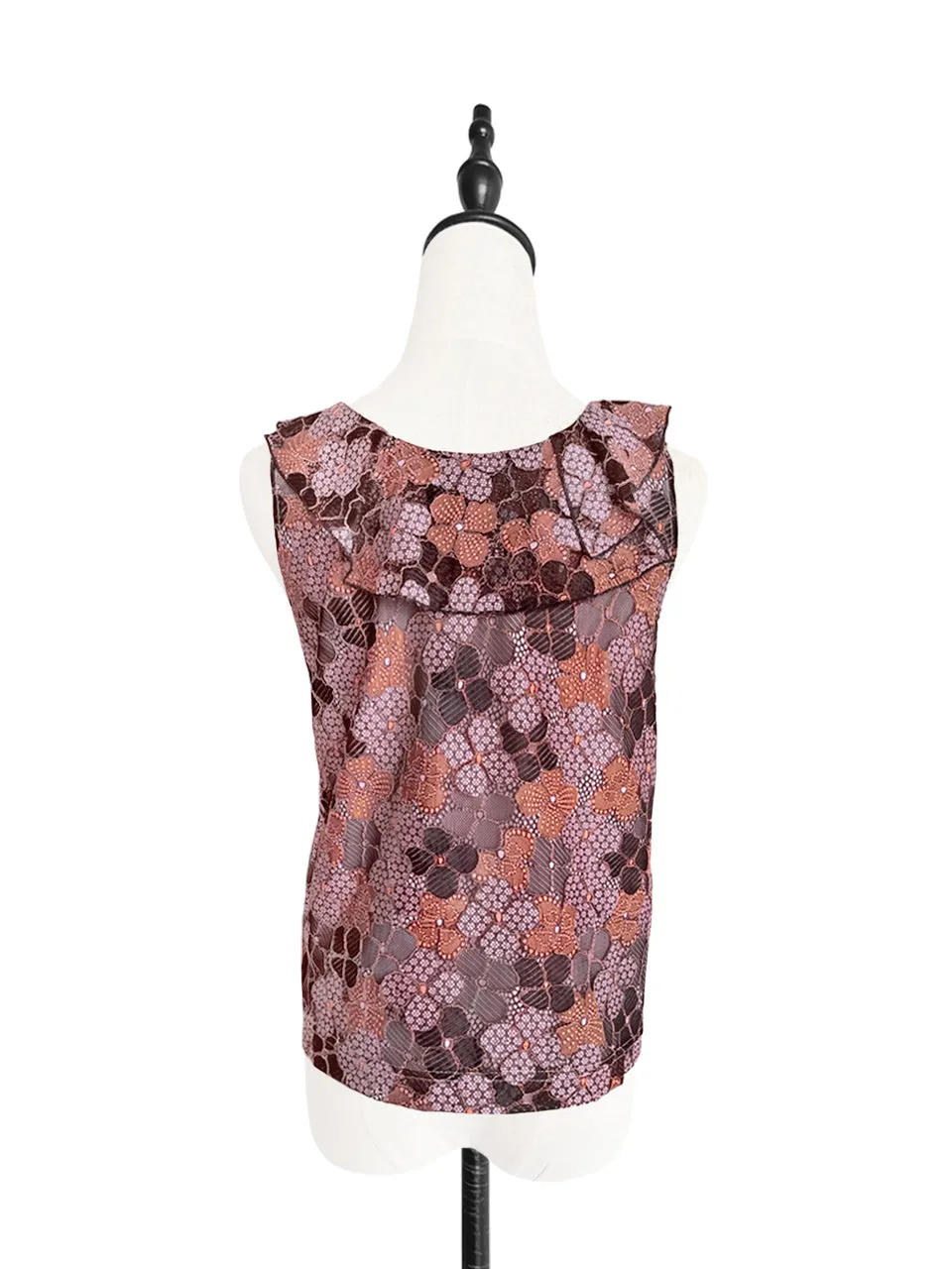 Last Chance! Pinky-Orange Floral Lace Ruffle Neck Lined Tank