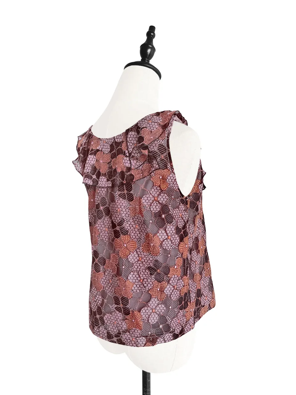 Last Chance! Pinky-Orange Floral Lace Ruffle Neck Lined Tank