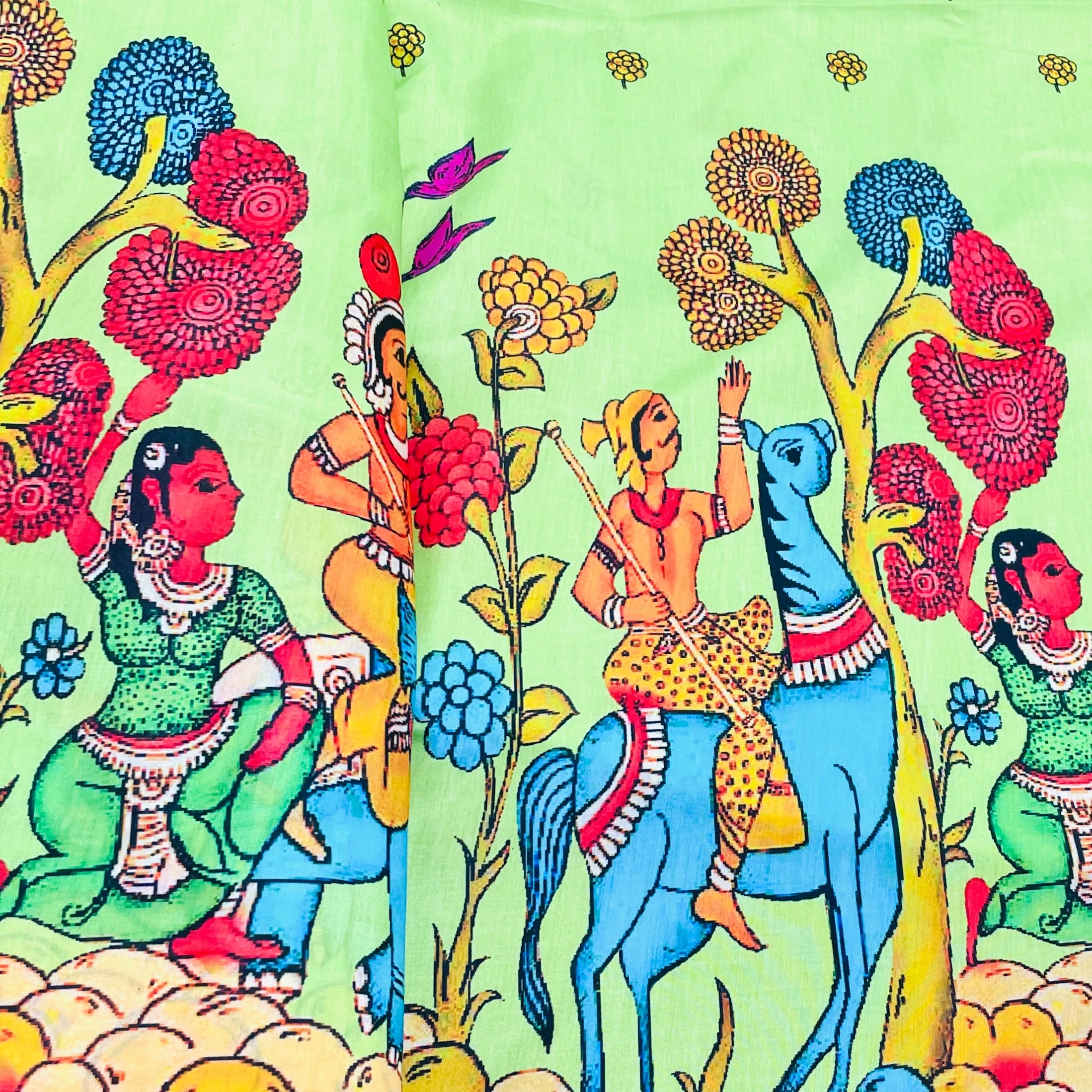 Light Green Madhubani Print Cotton Satin Fabric 31