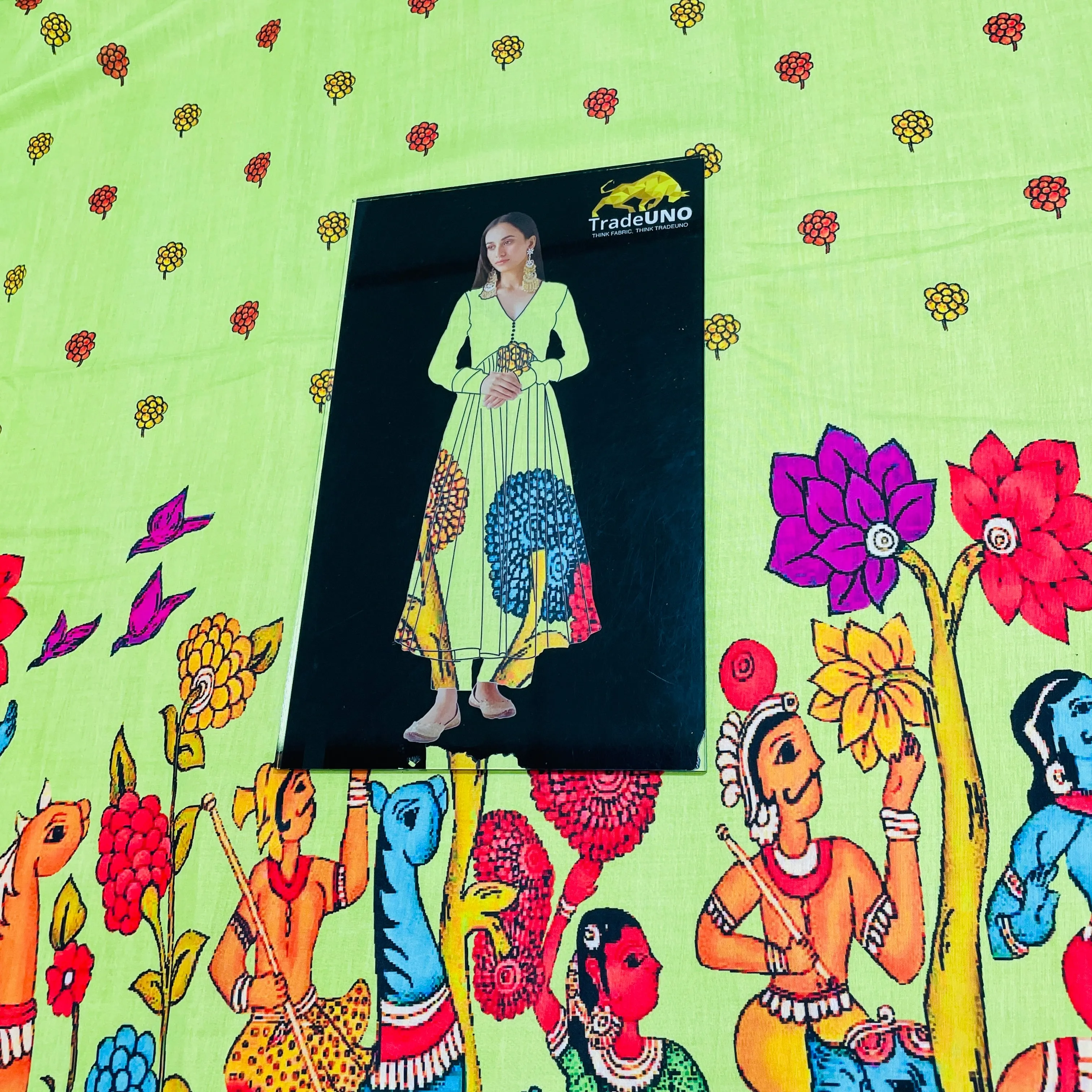 Light Green Madhubani Print Cotton Satin Fabric 31