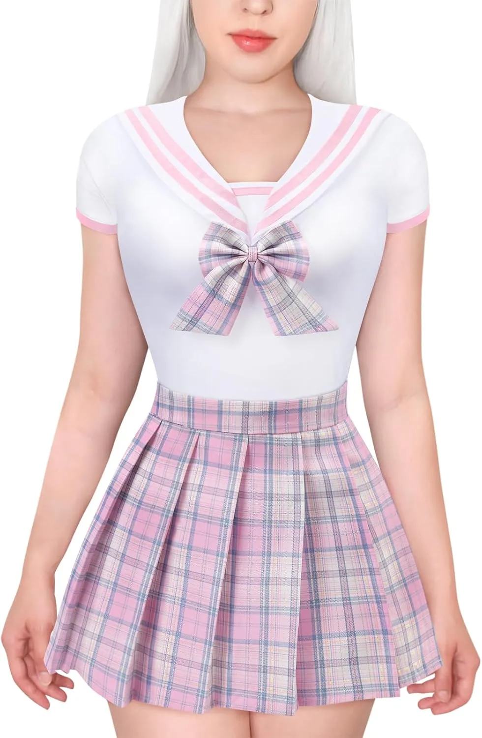 Littleforbig Cotton Romper Onesie Pajamas Bodysuit - Magical Girl Pastel Plaid Skirt Set Pink S