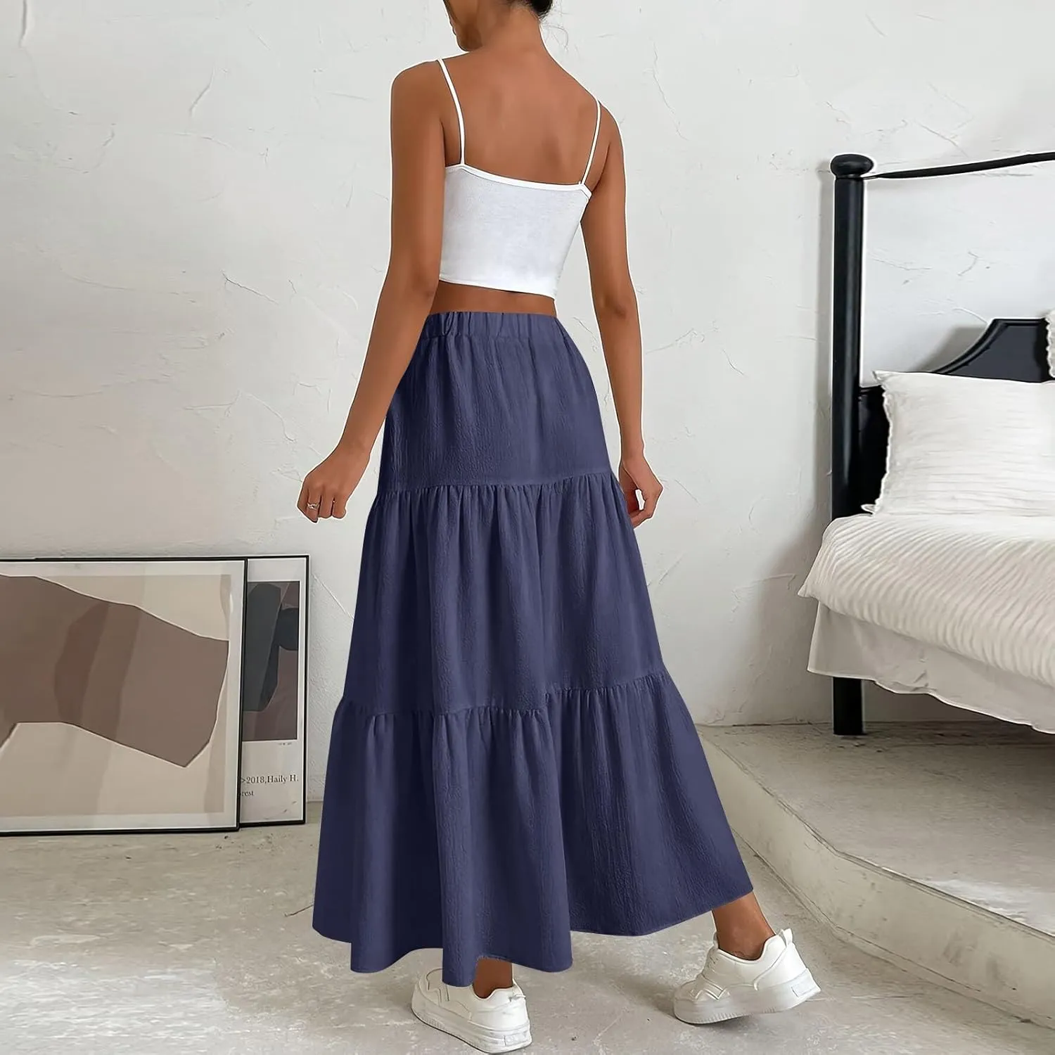 Maxi Skirts for Women 2025 Fashion Boho Long Skirt Summer Beach Swing Ruffle Tiered A-Line Pleated Elastic Waist