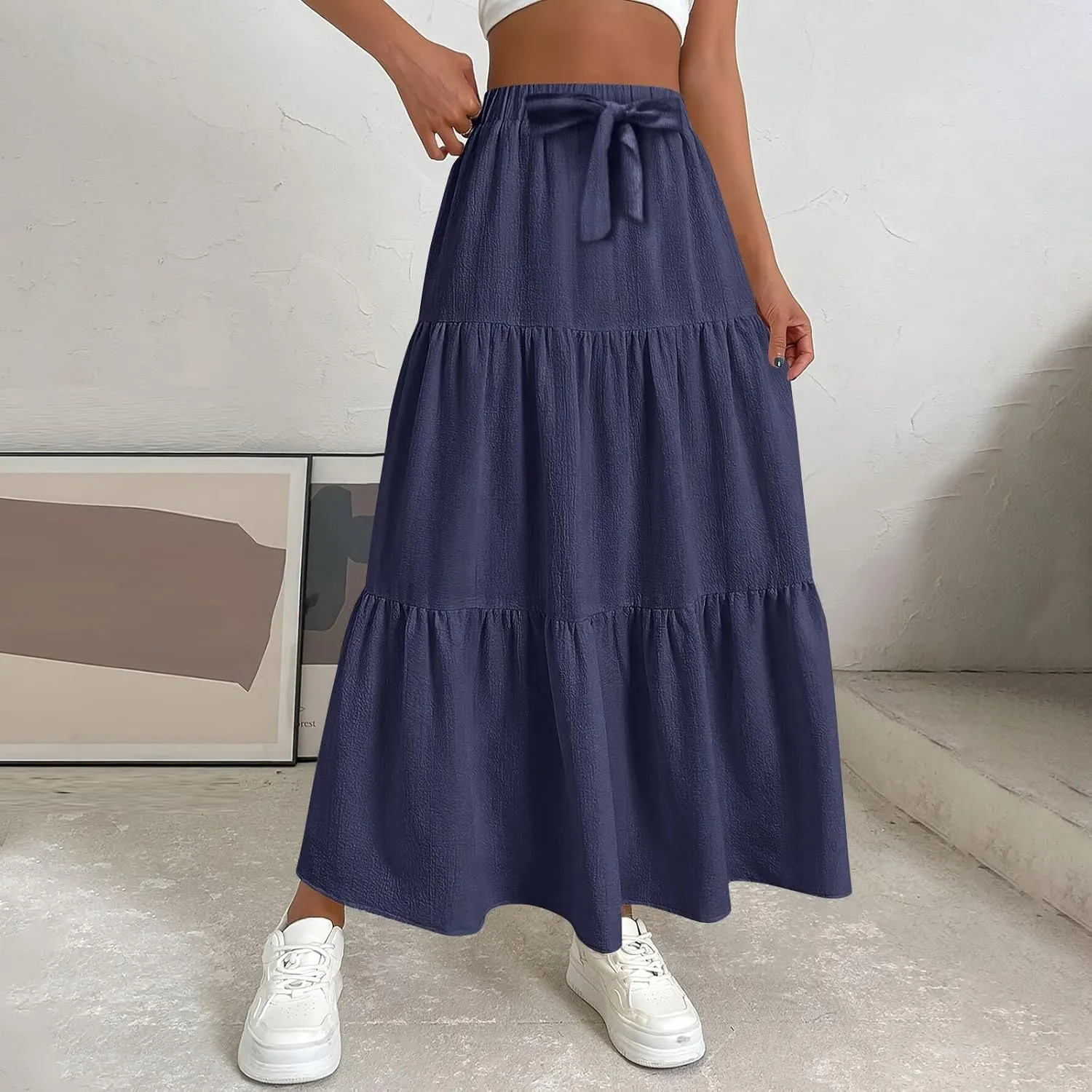 Maxi Skirts for Women 2025 Fashion Boho Long Skirt Summer Beach Swing Ruffle Tiered A-Line Pleated Elastic Waist