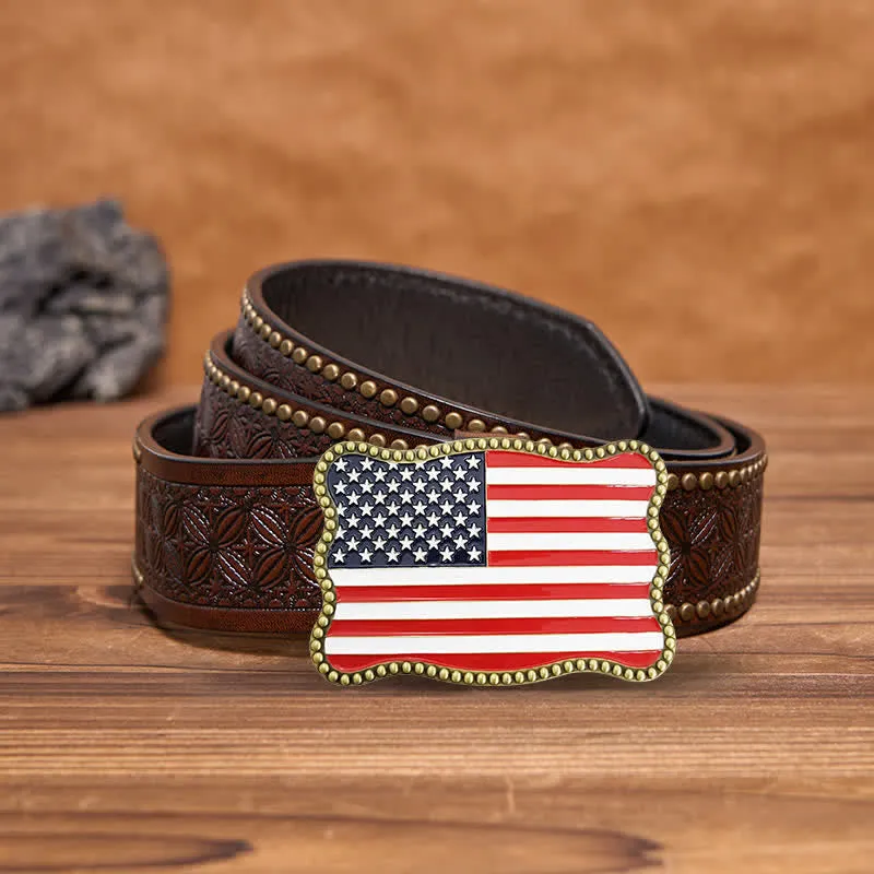 Men's DIY Creative American Flag Card Wallet Buckle Leather Belt