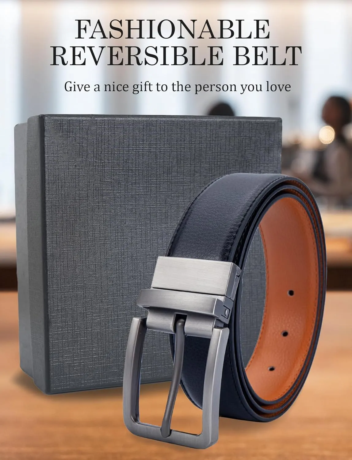 Mens Genuine Leather Belt Two-in-One Reversible Business Belt Classic Work Waist Belts with Single Prong Buckle