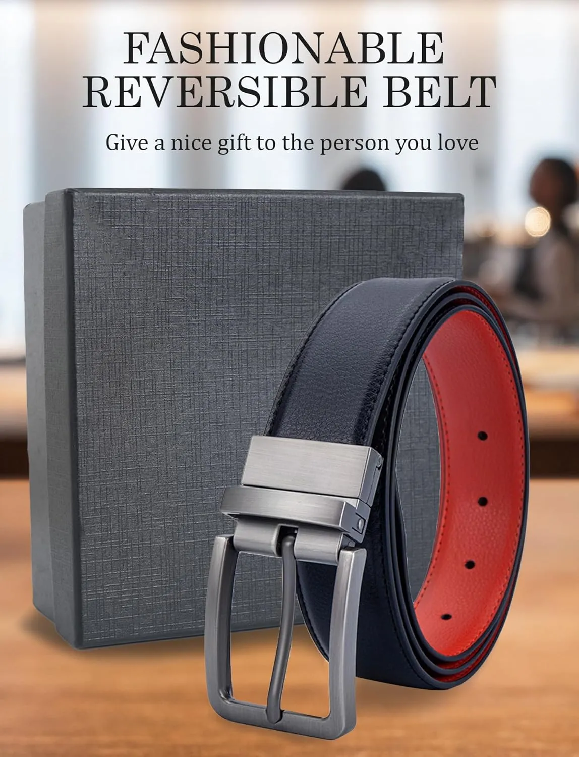 Mens Genuine Leather Belt Two-in-One Reversible Business Belt Classic Work Waist Belts with Single Prong Buckle
