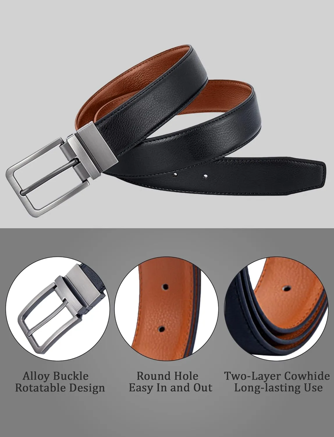 Mens Genuine Leather Belt Two-in-One Reversible Business Belt Classic Work Waist Belts with Single Prong Buckle