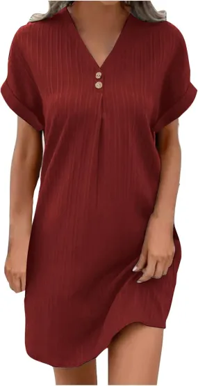 NaRHbrg Women's Casual T Shirt Dress Summer Short Sleeve V Neck Loose Shift Mini Dress Loose Swing Knee Length Sundress