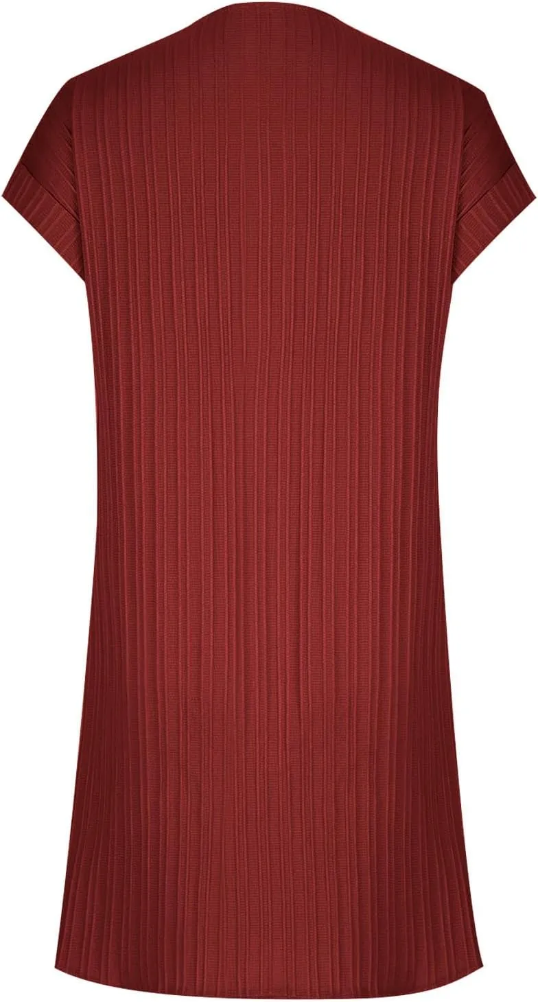 NaRHbrg Women's Casual T Shirt Dress Summer Short Sleeve V Neck Loose Shift Mini Dress Loose Swing Knee Length Sundress