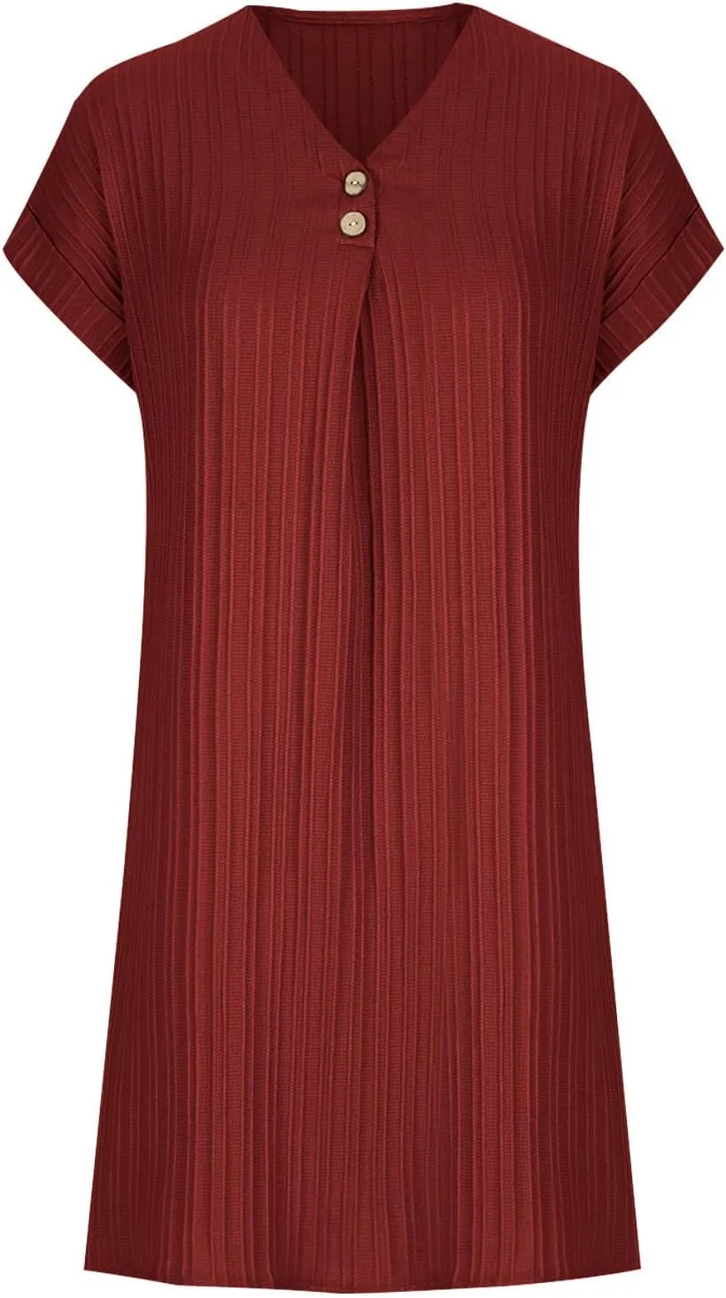 NaRHbrg Women's Casual T Shirt Dress Summer Short Sleeve V Neck Loose Shift Mini Dress Loose Swing Knee Length Sundress