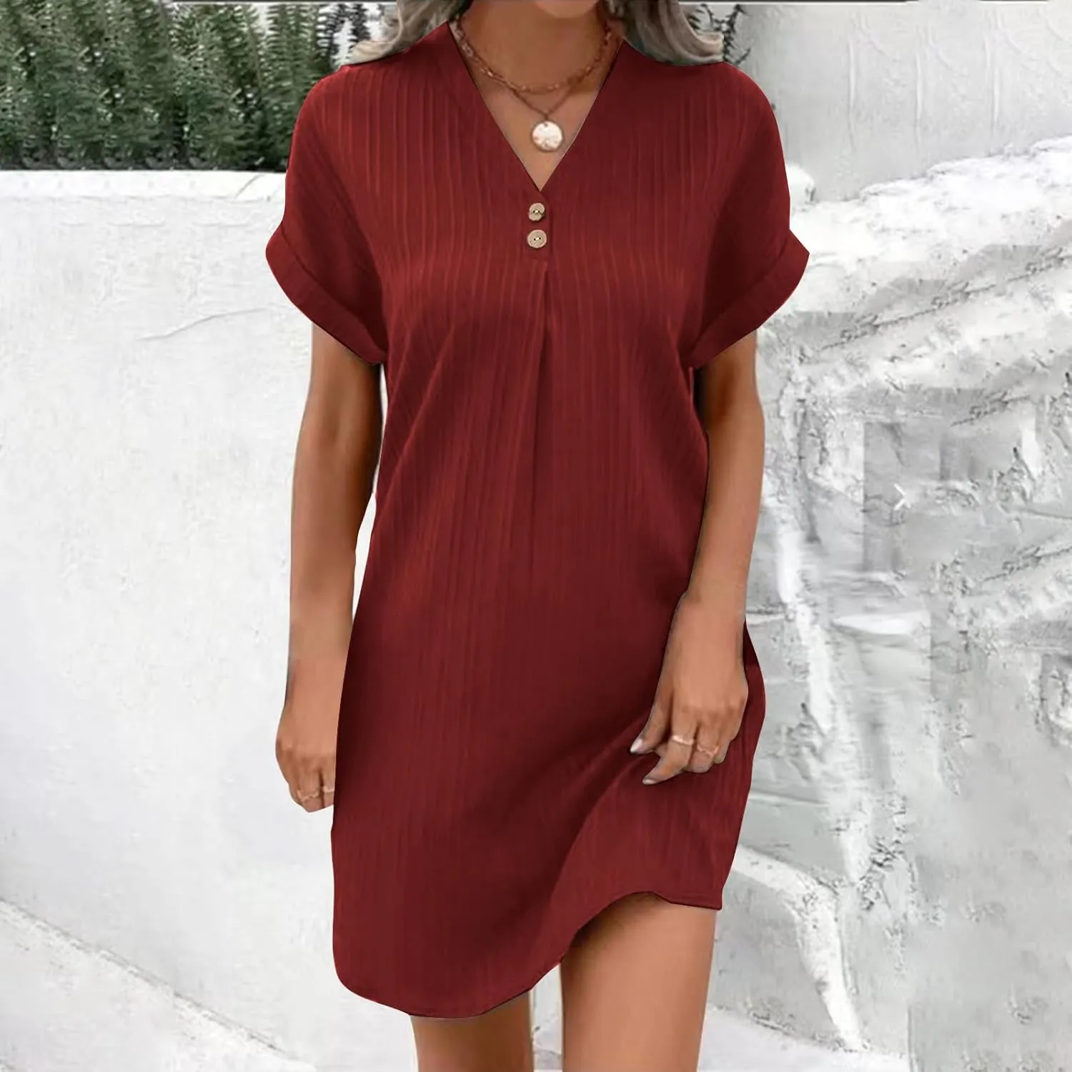 NaRHbrg Women's Casual T Shirt Dress Summer Short Sleeve V Neck Loose Shift Mini Dress Loose Swing Knee Length Sundress