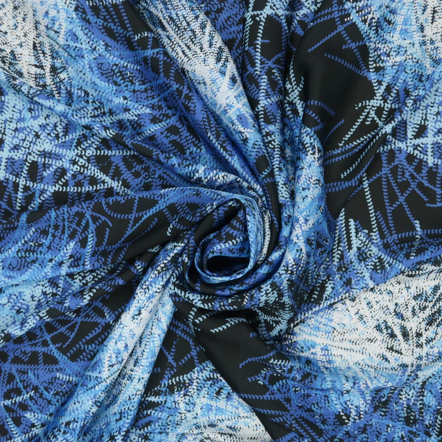 Navy and Black Abstract on Blue Background Charmeuse Polyester Fabric