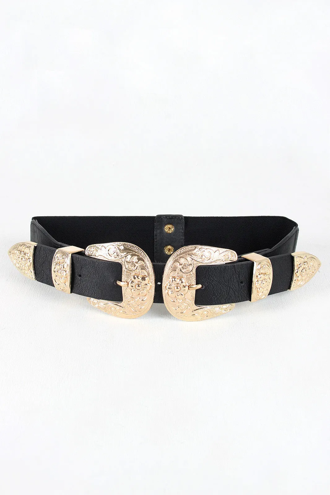 Ornate Flower Double Buckle Elastic Belt